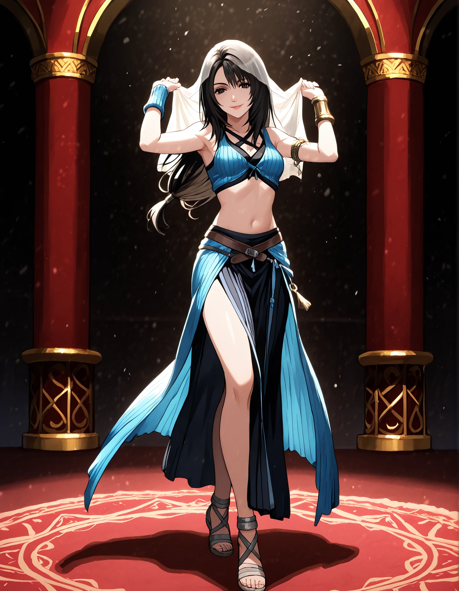 (1girl:1 . 5) , (Seul:1 . 5) , score_9 , score_8_haut , score_7_haut , source_anime , Official work  , ultra-detailed , masterpiece , better quality , high resolution , beaux yeux , detailed eyes , Detailed face , beautiful detailed eyes,black hair, long hair, dark brown eyes,Final Fantasy,Rinoa Heartilly, dancer_fft,crop top,long skirt, belt,bracers, sandals, shawl,golden jewelery,armlet, belly dancing,arabian theater,seductive smile, dancing with veil, dynamic movement,dance posture, seductive pose