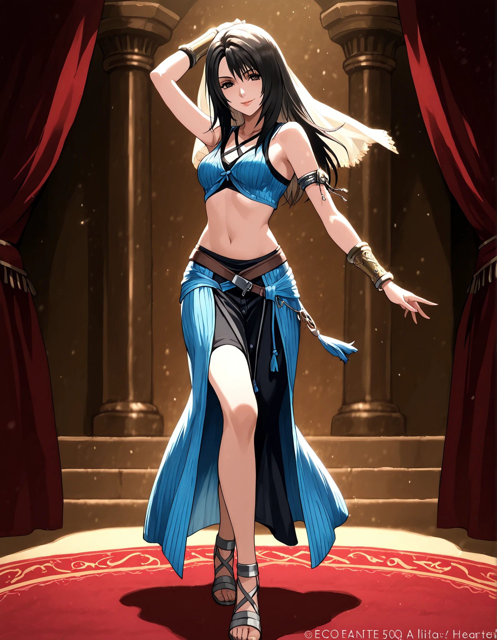 (1girl:1 . 5) , (Seul:1 . 5) , score_9 , score_8_haut , score_7_haut , source_anime , Official work  , ultra-detailed , masterpiece , better quality , high resolution , beaux yeux , detailed eyes , Detailed face , beautiful detailed eyes,black hair, long hair, dark brown eyes,Final Fantasy,Rinoa Heartilly, dancer_fft,crop top,long skirt, belt,bracers, sandals, shawl,golden jewelery,armlet, belly dancing,arabian theater,seductive smile, dancing with veil, dynamic movement,dance posture, seductive pose