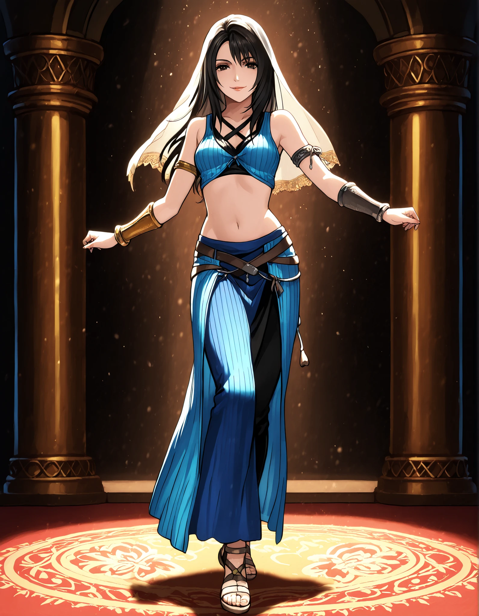 (1girl:1 . 5) , (Seul:1 . 5) , score_9 , score_8_haut , score_7_haut , source_anime , Official work  , ultra-detailed , masterpiece , better quality , high resolution , beaux yeux , detailed eyes , Detailed face , beautiful detailed eyes,black hair, long hair, dark brown eyes,Final Fantasy,Rinoa Heartilly, dancer_fft,crop top,long skirt, belt,bracers, sandals, shawl,golden jewelery,armlet, belly dancing,arabian theater,seductive smile, dancing with veil, dynamic movement,dance posture, seductive pose