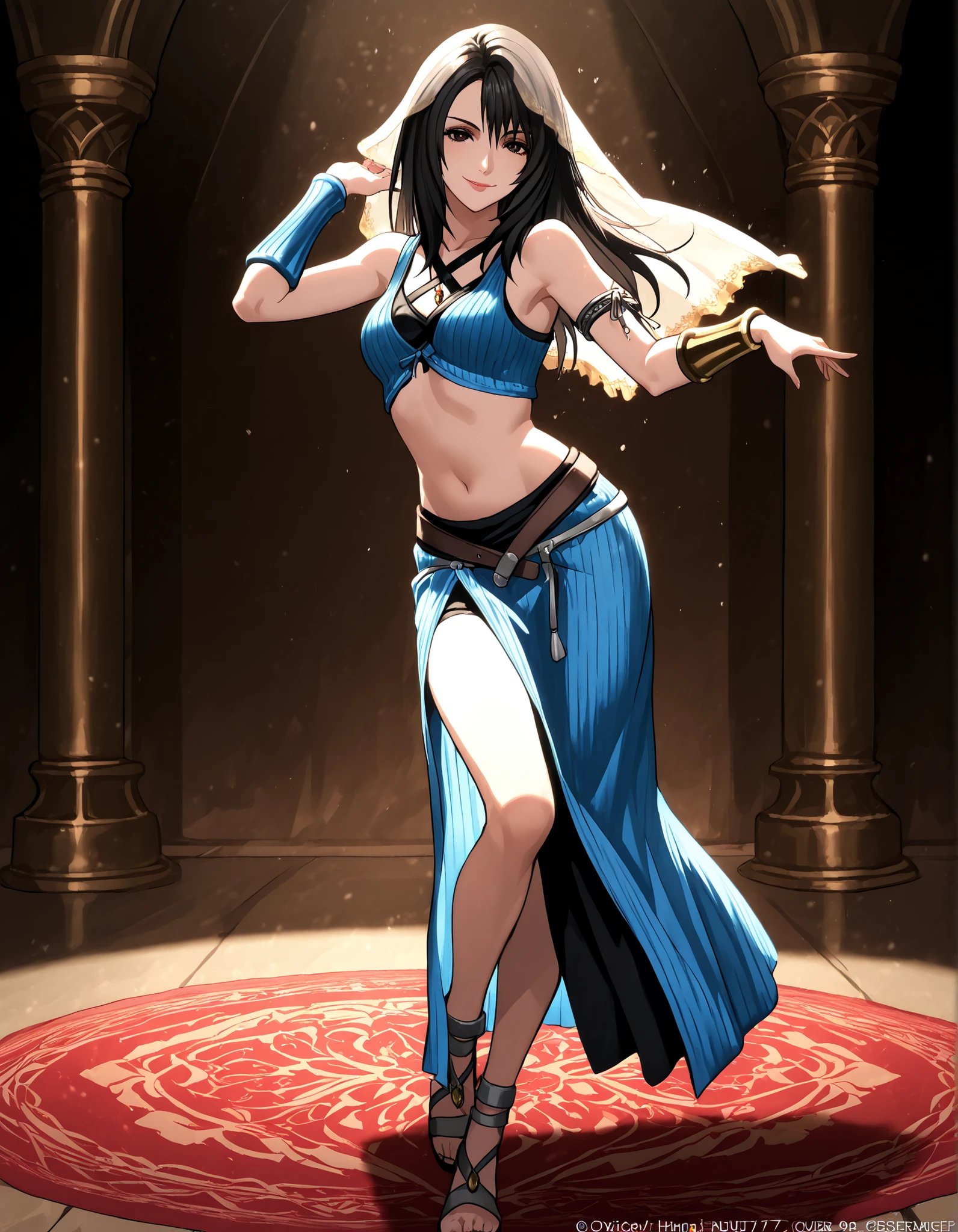 (1girl:1 . 5) , (Seul:1 . 5) , score_9 , score_8_haut , score_7_haut , source_anime , Official work  , ultra-detailed , masterpiece , better quality , high resolution , beaux yeux , detailed eyes , Detailed face , beautiful detailed eyes,black hair, long hair, dark brown eyes,Final Fantasy,Rinoa Heartilly, dancer_fft,crop top,long skirt, belt,bracers, sandals, shawl,golden jewelery,armlet, belly dancing,arabian theater,seductive smile, dancing with veil, dynamic movement,dance posture, seductive pose