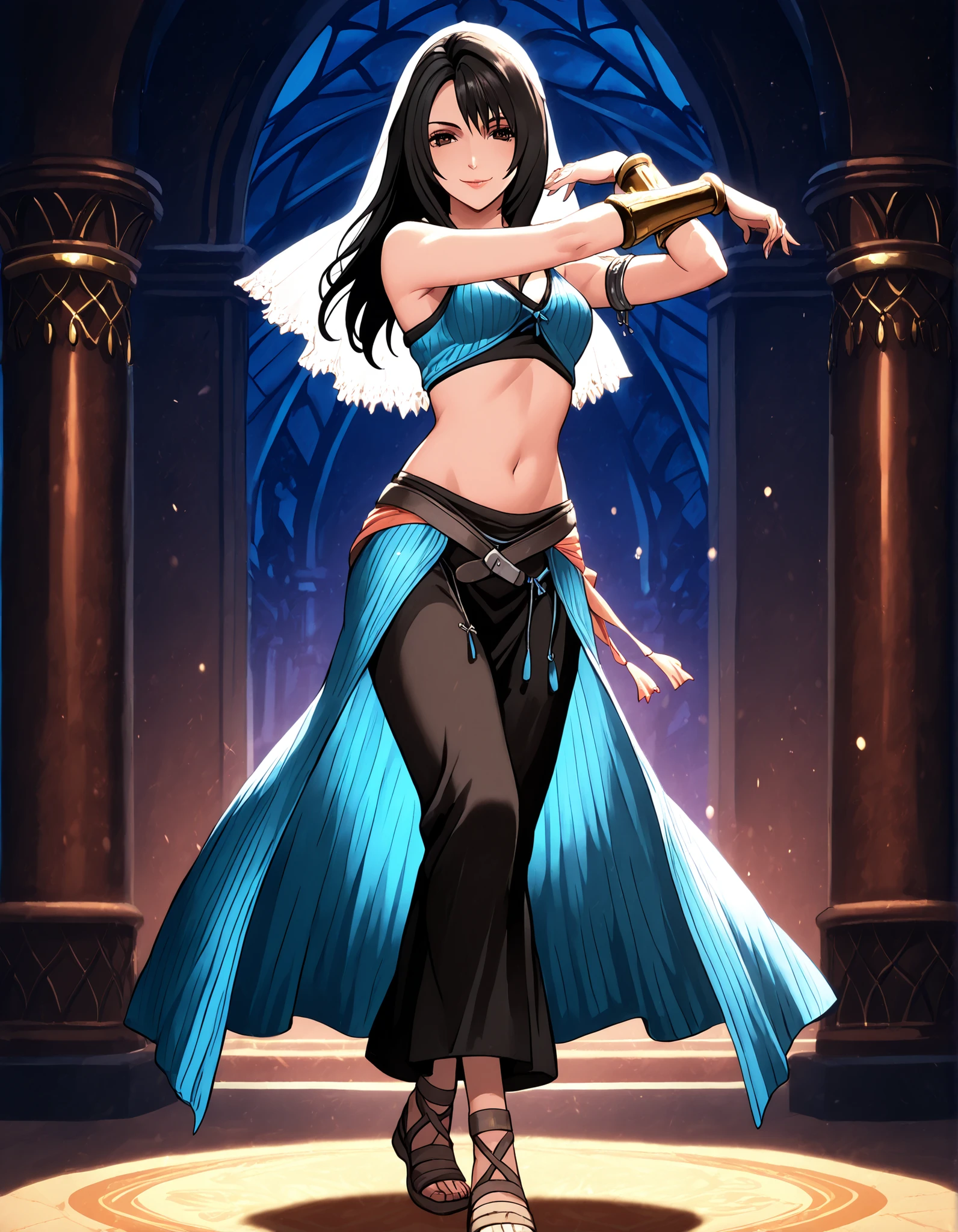 (1girl:1 . 5) , (Seul:1 . 5) , score_9 , score_8_haut , score_7_haut , source_anime , Official work  , ultra-detailed , masterpiece , better quality , high resolution , beaux yeux , detailed eyes , Detailed face , beautiful detailed eyes,black hair, long hair, dark brown eyes,Final Fantasy,Rinoa Heartilly, dancer_fft,crop top,long skirt, belt,bracers, sandals, shawl,golden jewelery,armlet, belly dancing,night,arabian garden,seductive smile, dancing with veil, dynamic movement,dance posture, seductive pose