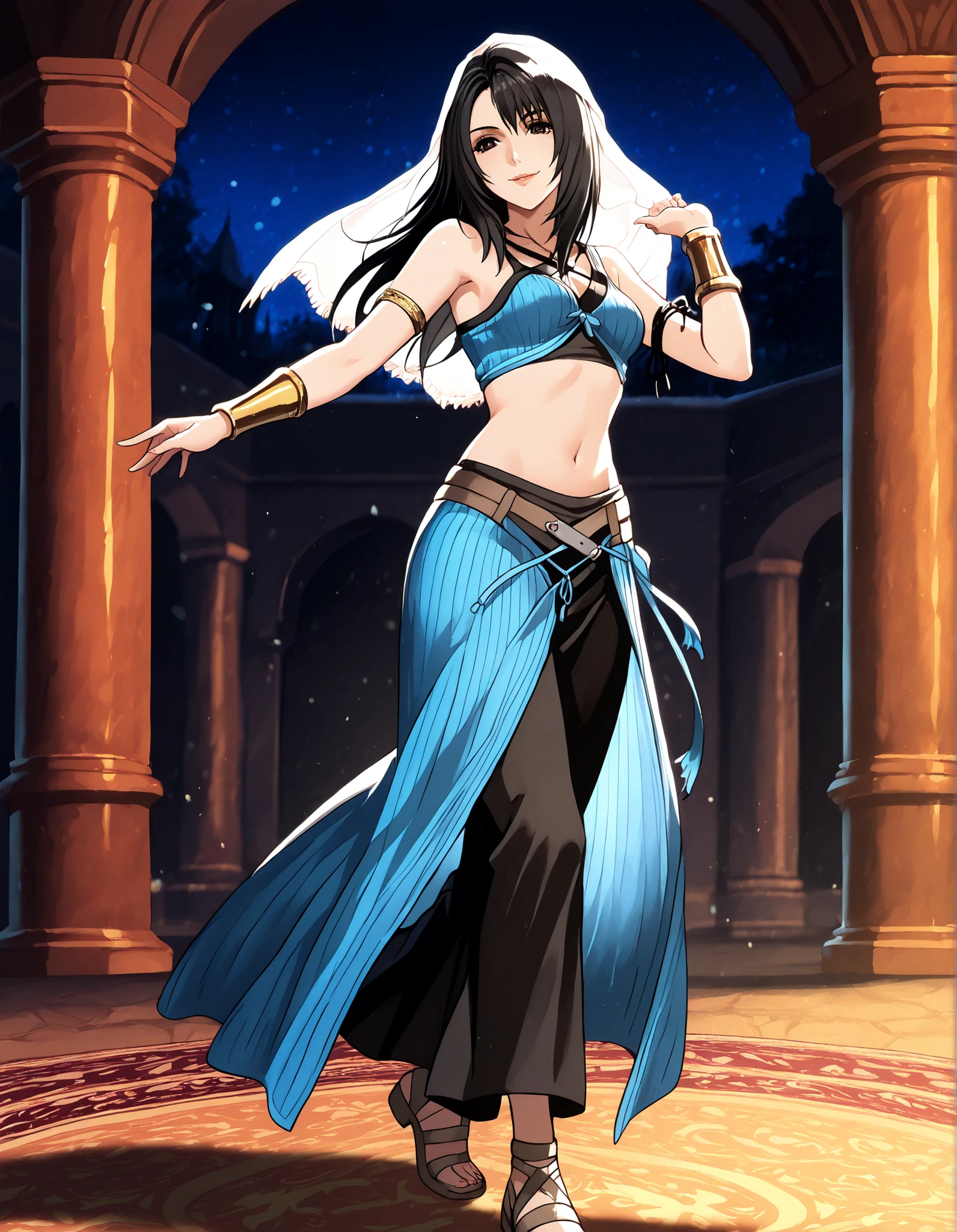 (1girl:1 . 5) , (Seul:1 . 5) , score_9 , score_8_haut , score_7_haut , source_anime , Official work  , ultra-detailed , masterpiece , better quality , high resolution , beaux yeux , detailed eyes , Detailed face , beautiful detailed eyes,black hair, long hair, dark brown eyes,Final Fantasy,Rinoa Heartilly, dancer_fft,crop top,long skirt, belt,bracers, sandals, shawl,golden jewelery,armlet, belly dancing,night,arabian garden,seductive smile, dancing with veil, dynamic movement,dance posture, seductive pose