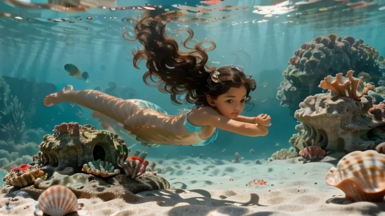 On the sparkling shores of an otherworldly English lake in the 1990s, a tween Latino boy, with a shimmering mermaid tail and vibrant scales, skillfully navigates the waters while engaging in a thrilling underwater race, creating a dynamic tableau of aquatic magic.