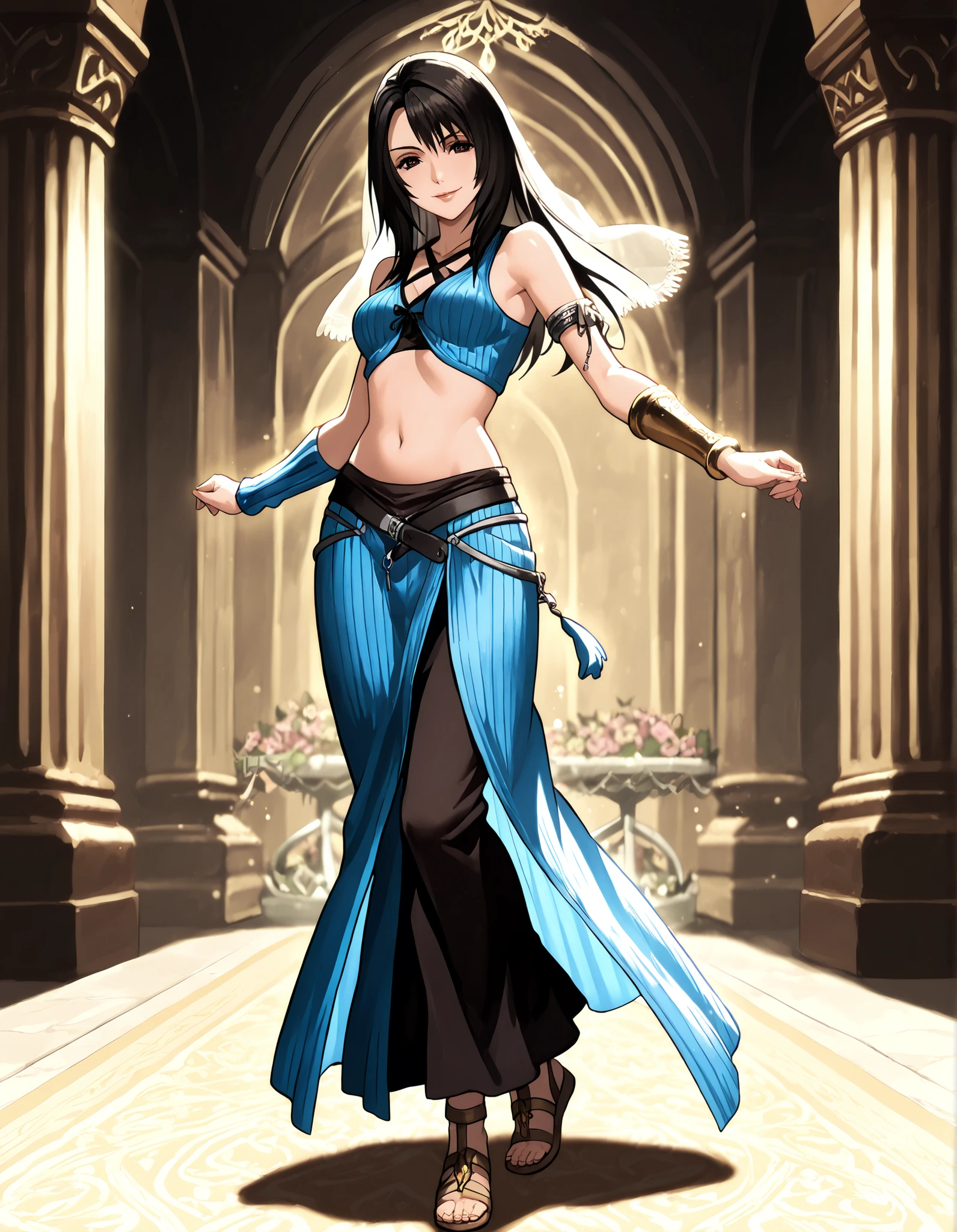 (1girl:1 . 5) , (Seul:1 . 5) , score_9 , score_8_haut , score_7_haut , source_anime , Official work  , ultra-detailed , masterpiece , better quality , high resolution , beaux yeux , detailed eyes , Detailed face , beautiful detailed eyes,black hair, long hair, dark brown eyes,Final Fantasy,Rinoa Heartilly, dancer_fft,crop top,long skirt, belt,bracers, sandals, shawl,golden jewelery,armlet, belly dancing,arabian garden,seductive smile, dancing with veil, dynamic movement,dance posture, seductive pose