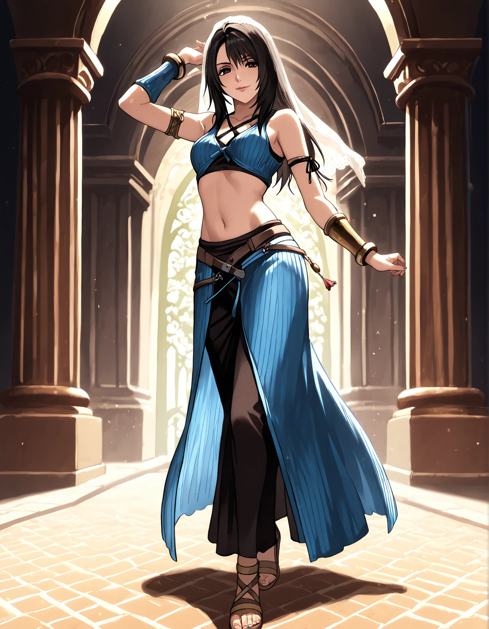(1girl:1 . 5) , (Seul:1 . 5) , score_9 , score_8_haut , score_7_haut , source_anime , Official work  , ultra-detailed , masterpiece , better quality , high resolution , beaux yeux , detailed eyes , Detailed face , beautiful detailed eyes,black hair, long hair, dark brown eyes,Final Fantasy,Rinoa Heartilly, dancer_fft,crop top,long skirt, belt,bracers, sandals, shawl,golden jewelery,armlet, belly dancing,arabian garden,seductive smile, dancing with veil, dynamic movement,dance posture, seductive pose