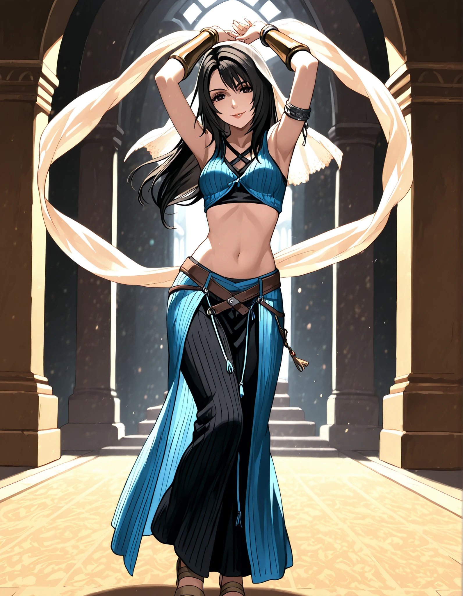 (1girl:1 . 5) , (Seul:1 . 5) , score_9 , score_8_haut , score_7_haut , source_anime , Official work , ultra-detailed , masterpiece , better quality , high resolution , beaux yeux , detailed eyes , Detailed face , beautiful detailed eyes,black hair, long hair, dark brown eyes,Final Fantasy,Rinoa Heartilly, dancer_fft,crop top,long skirt, belt,bracers, sandals, shawl,golden jewelery,armlet, belly dancing,arabian garden,seductive smile, dancing with veil, dynamic movement,dance posture, seductive pose