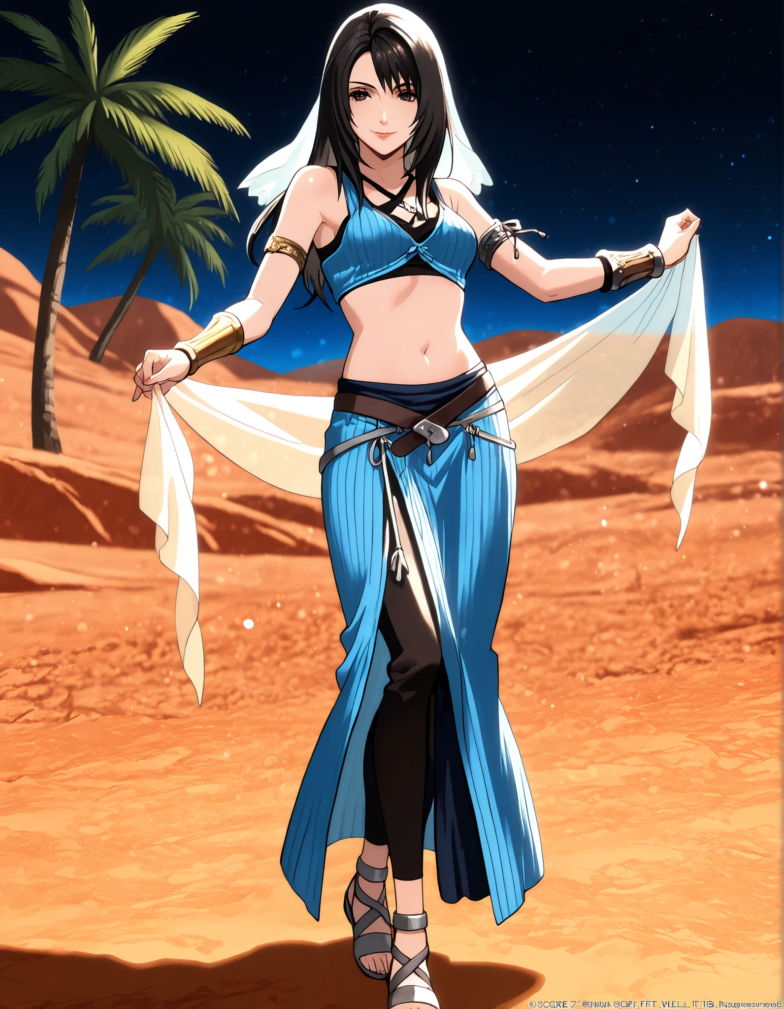 (1girl:1 . 5) , (Seul:1 . 5) , score_9 , score_8_haut , score_7_haut , source_anime , Official work  , ultra-detailed , masterpiece , better quality , high resolution , beaux yeux , detailed eyes , Detailed face , beautiful detailed eyes,black hair, long hair, dark brown eyes,Final Fantasy,Rinoa Heartilly, dancer_fft,crop top,long skirt, belt,bracers, sandals, shawl,golden jewelery,armlet, belly dancing,night,desert lands,palm tree,seductive smile, dancing with veil, dynamic movement,dance posture, seductive pose