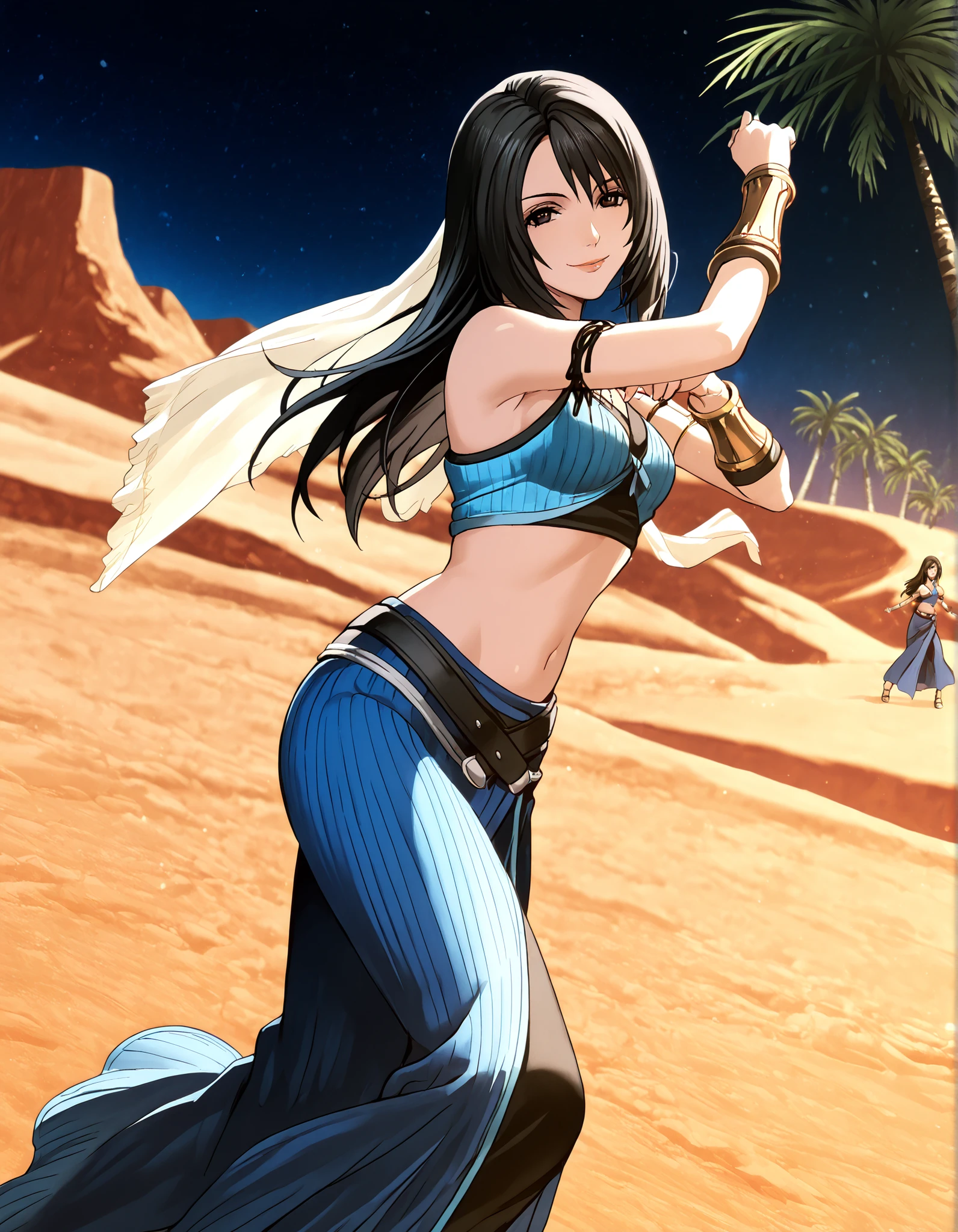 (1girl:1 . 5) , (Seul:1 . 5) , score_9 , score_8_haut , score_7_haut , source_anime , Official work  , ultra-detailed , masterpiece , better quality , high resolution , beaux yeux , detailed eyes , Detailed face , beautiful detailed eyes,black hair, long hair, dark brown eyes,Final Fantasy,Rinoa Heartilly, dancer_fft,crop top,long skirt, belt,bracers, sandals, shawl,golden jewelery,armlet, belly dancing,night,desert lands,palm tree,seductive smile, dancing with veil, dynamic movement,dance posture, seductive pose