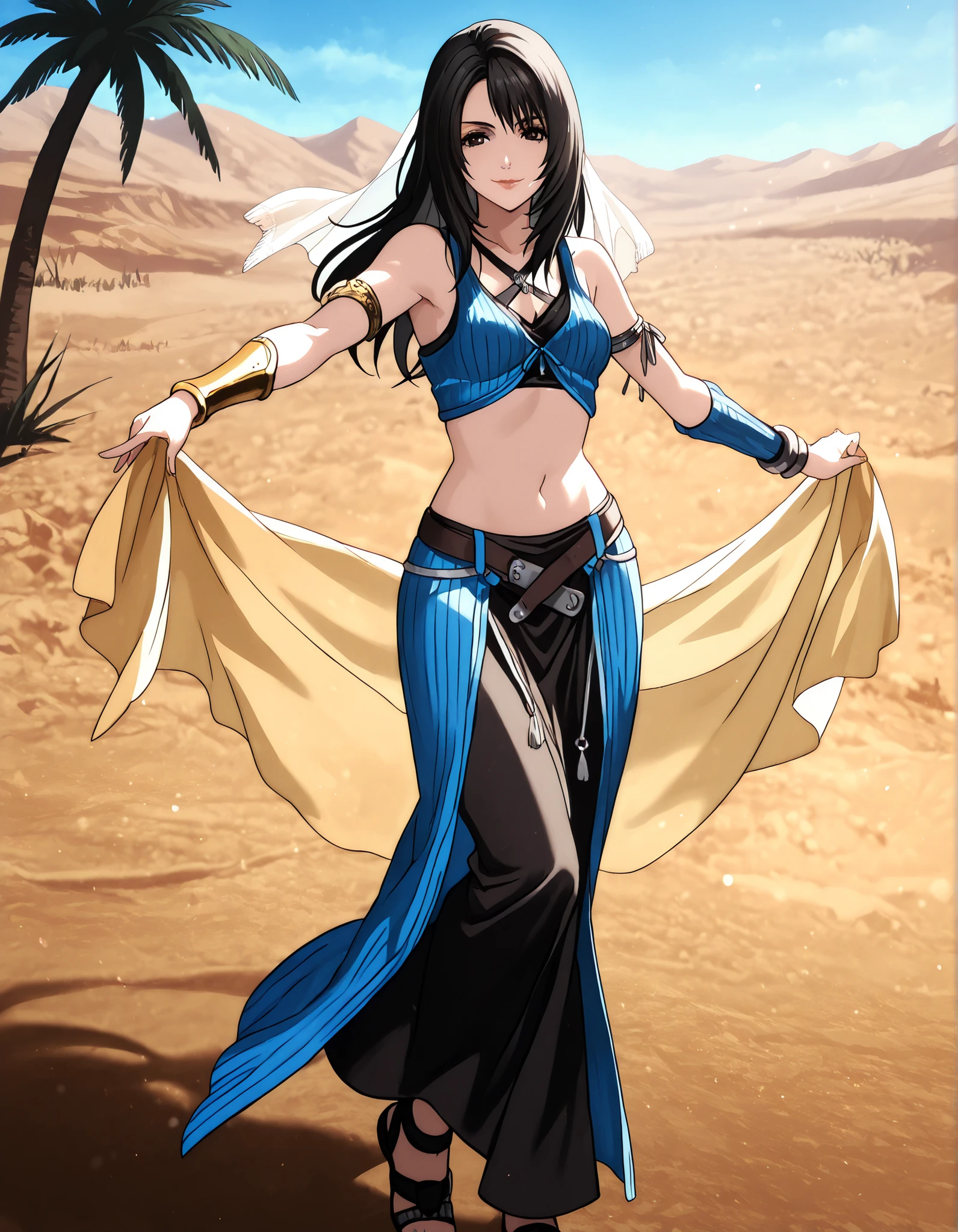 (1girl:1 . 5) , (Seul:1 . 5) , score_9 , score_8_haut , score_7_haut , source_anime , Official work  , ultra-detailed , masterpiece , better quality , high resolution , beaux yeux , detailed eyes , Detailed face , beautiful detailed eyes,black hair, long hair, dark brown eyes,Final Fantasy,Rinoa Heartilly, dancer_fft,crop top,long skirt, belt,bracers, sandals, shawl,golden jewelery,armlet, belly dancing,desert lands,palm tree,seductive smile, dancing with veil, dynamic movement,dance posture, seductive pose