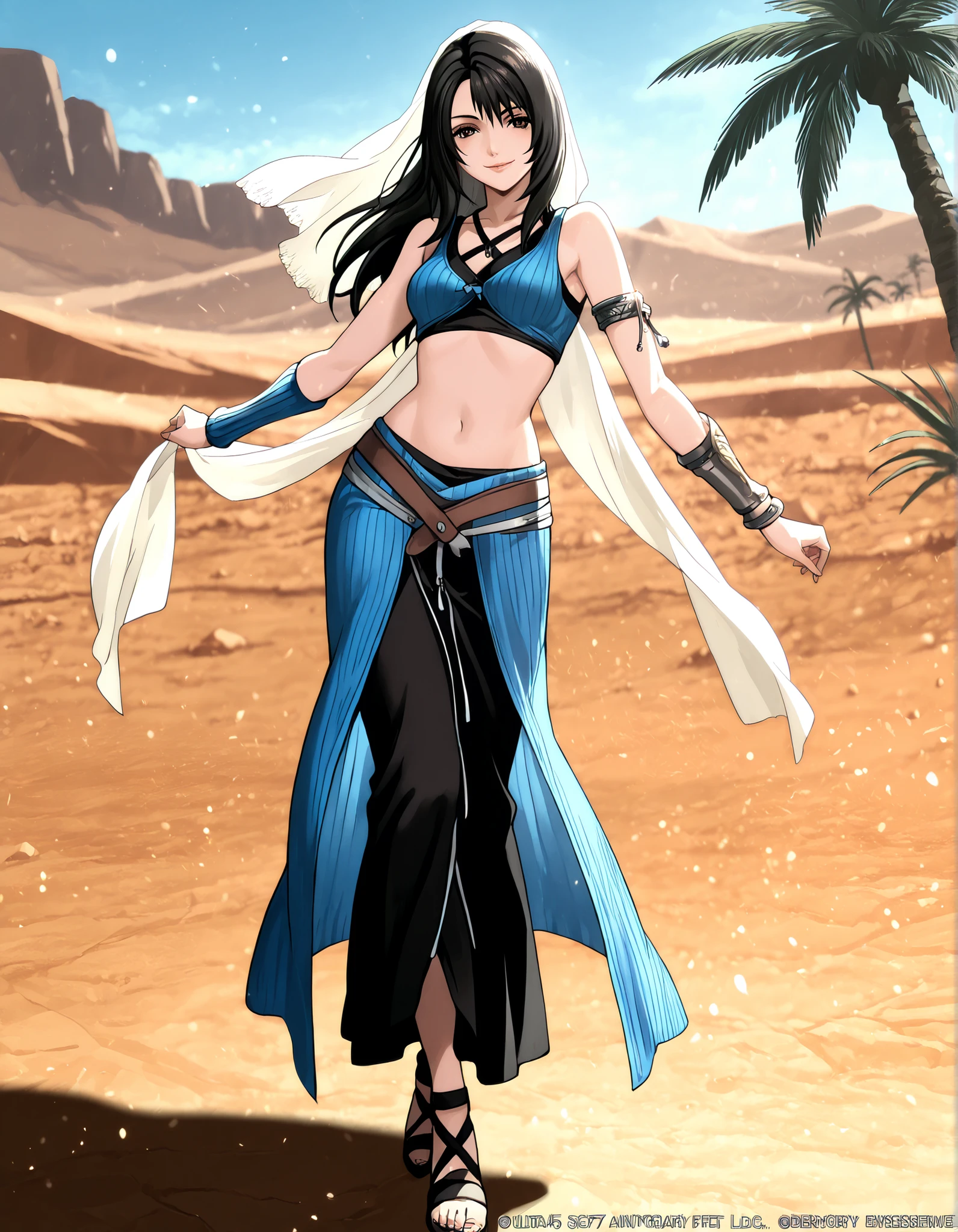 (1girl:1 . 5) , (Seul:1 . 5) , score_9 , score_8_haut , score_7_haut , source_anime , Official work  , ultra-detailed , masterpiece , better quality , high resolution , beaux yeux , detailed eyes , Detailed face , beautiful detailed eyes,black hair, long hair, dark brown eyes,Final Fantasy,Rinoa Heartilly, dancer_fft,crop top,long skirt, belt,bracers, sandals, shawl,golden jewelery,armlet, belly dancing,desert lands,palm tree,seductive smile, dancing with veil, dynamic movement,dance posture, seductive pose