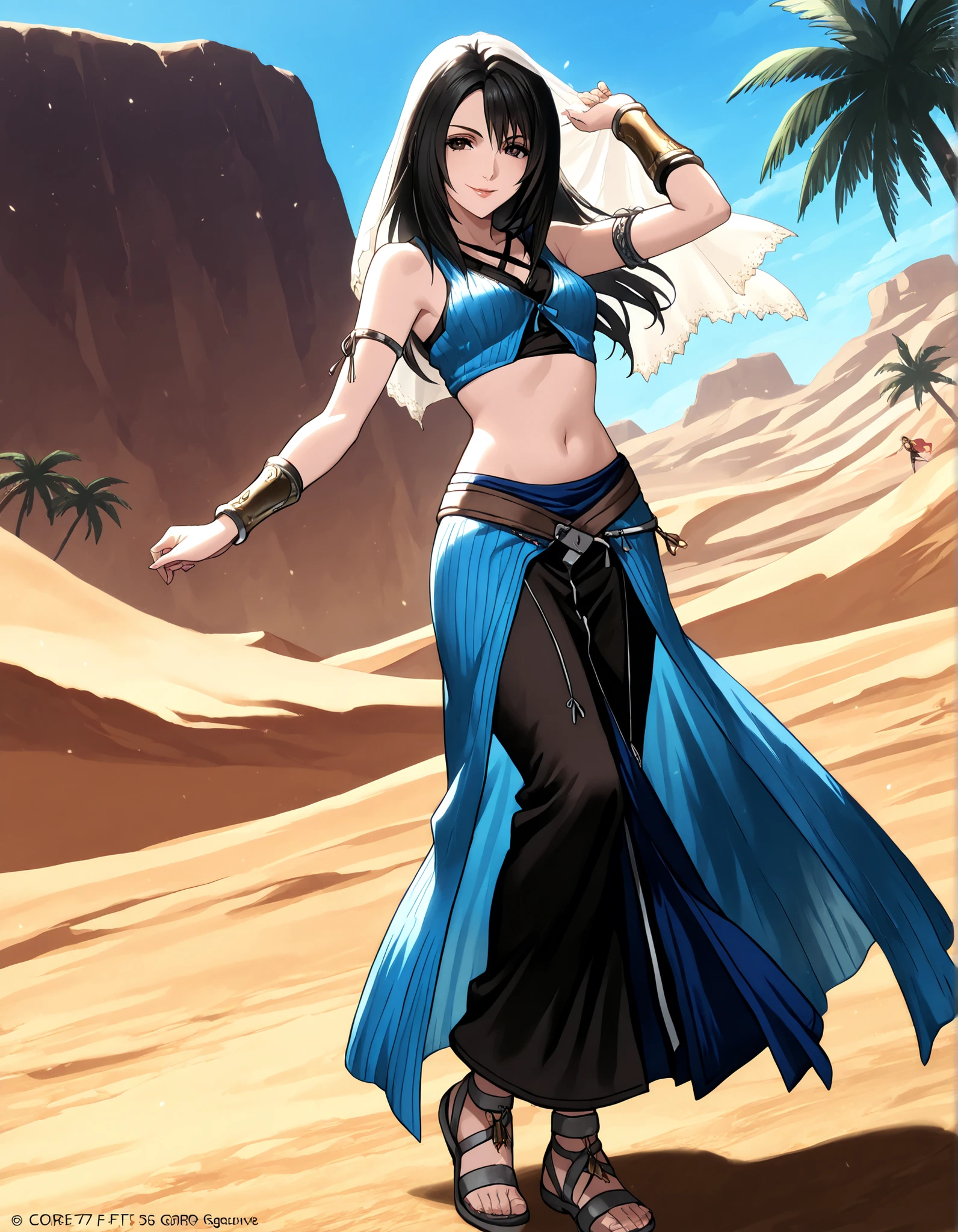 (1girl:1 . 5) , (Seul:1 . 5) , score_9 , score_8_haut , score_7_haut , source_anime , Official work  , ultra-detailed , masterpiece , better quality , high resolution , beaux yeux , detailed eyes , Detailed face , beautiful detailed eyes,black hair, long hair, dark brown eyes,Final Fantasy,Rinoa Heartilly, dancer_fft,crop top,long skirt, belt,bracers, sandals, shawl,golden jewelery,armlet, belly dancing,desert lands,palm tree,seductive smile, dancing with veil, dynamic movement,dance posture, seductive pose