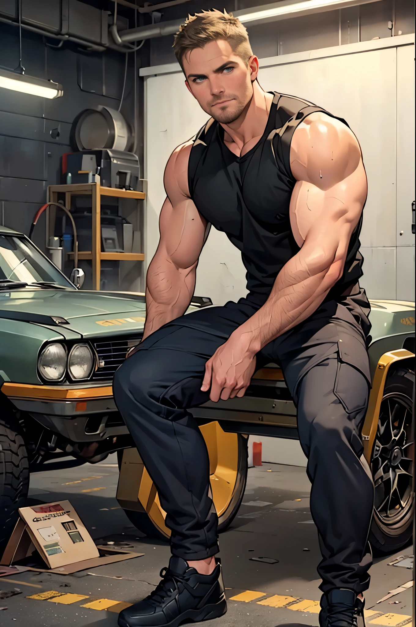 masterpiece, best quality face, perfect anatomy , respectful attitude , confident expression, natural eyes,mature man, muscled and mature, stephen amell as a mechanic , sweating,, full body view