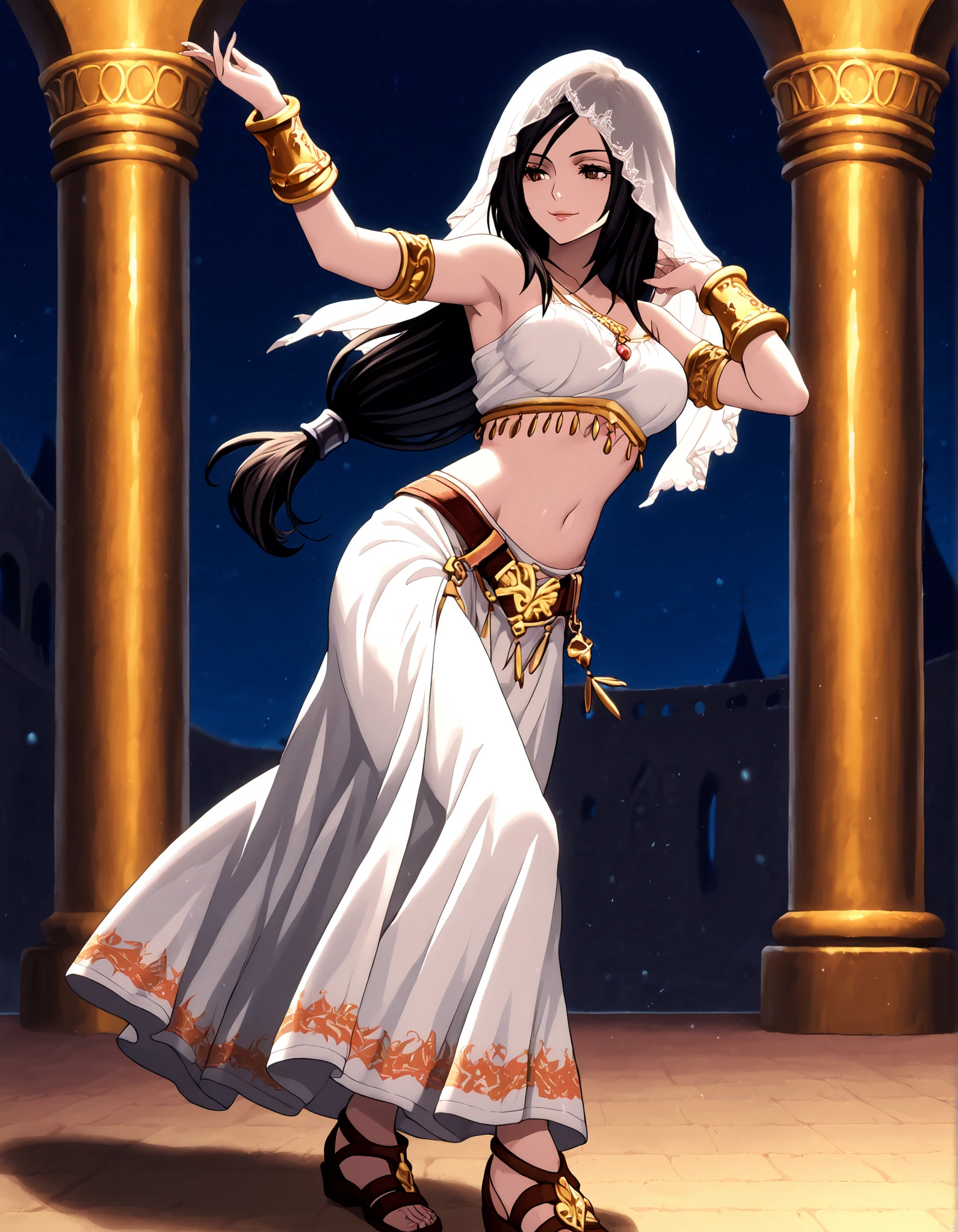 (1girl:1 . 5) , (Seul:1 . 5) , score_9 , score_8_haut , score_7_haut , source_anime , Official work , ultra-detailed , masterpiece , better quality , high resolution , beaux yeux , detailed eyes , Detailed face , beautiful detailed eyes,black hair, brown eyes, low-tied long hair,Final Fantasy,the yarn of alexandros, dancer_fft,crop top,long skirt, belt,bracers, sandals, shawl,golden jewelery,armlet, belly dancing,night,arabian garden,seductive smile, dancing with veil, dynamic movement,dance posture, seductive pose