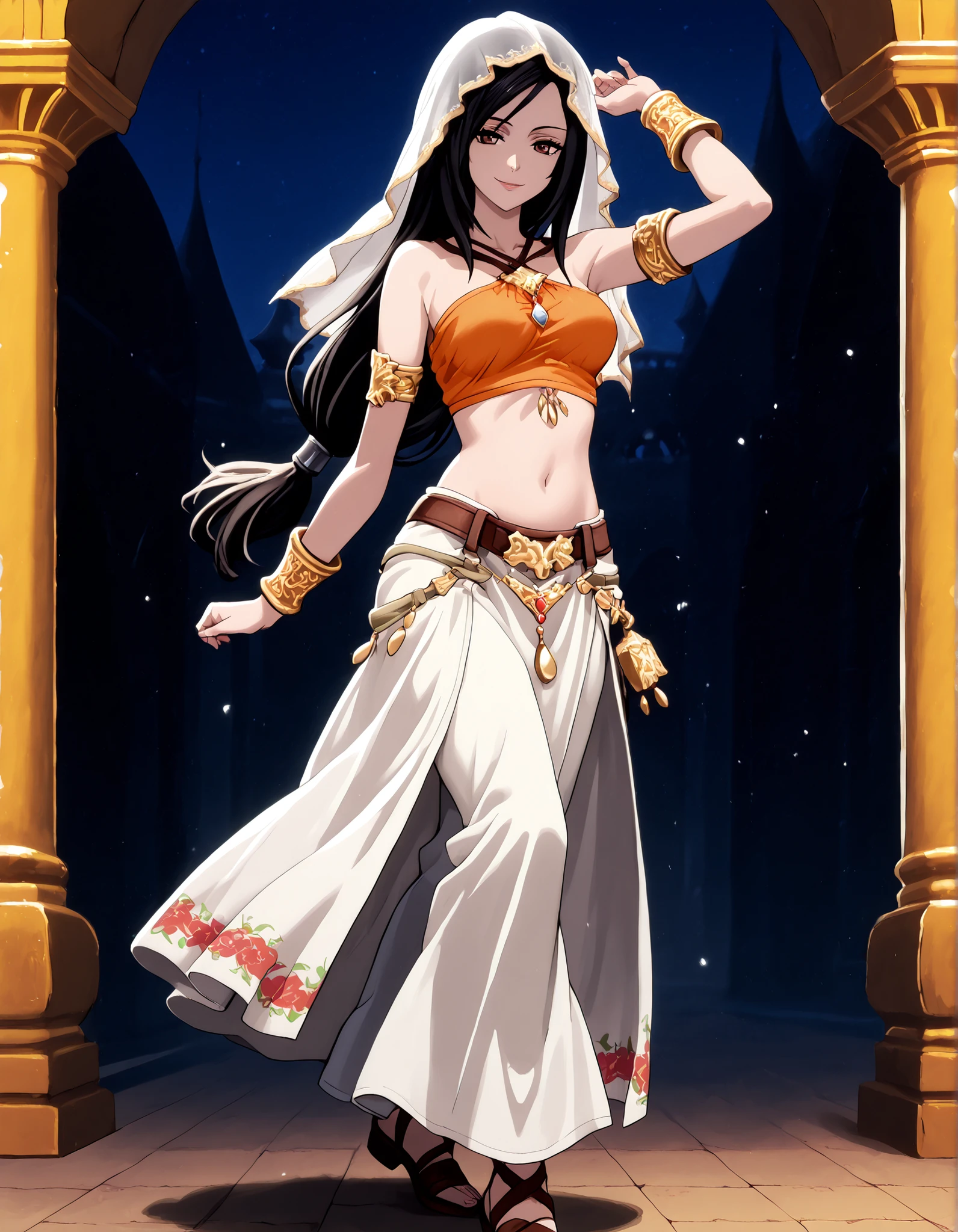 (1girl:1 . 5) , (Seul:1 . 5) , score_9 , score_8_haut , score_7_haut , source_anime , Official work , ultra-detailed , masterpiece , better quality , high resolution , beaux yeux , detailed eyes , Detailed face , beautiful detailed eyes,black hair, brown eyes, low-tied long hair,Final Fantasy,the yarn of alexandros, dancer_fft,crop top,long skirt, belt,bracers, sandals, shawl,golden jewelery,armlet, belly dancing,night,arabian garden,seductive smile, dancing with veil, dynamic movement,dance posture, seductive pose