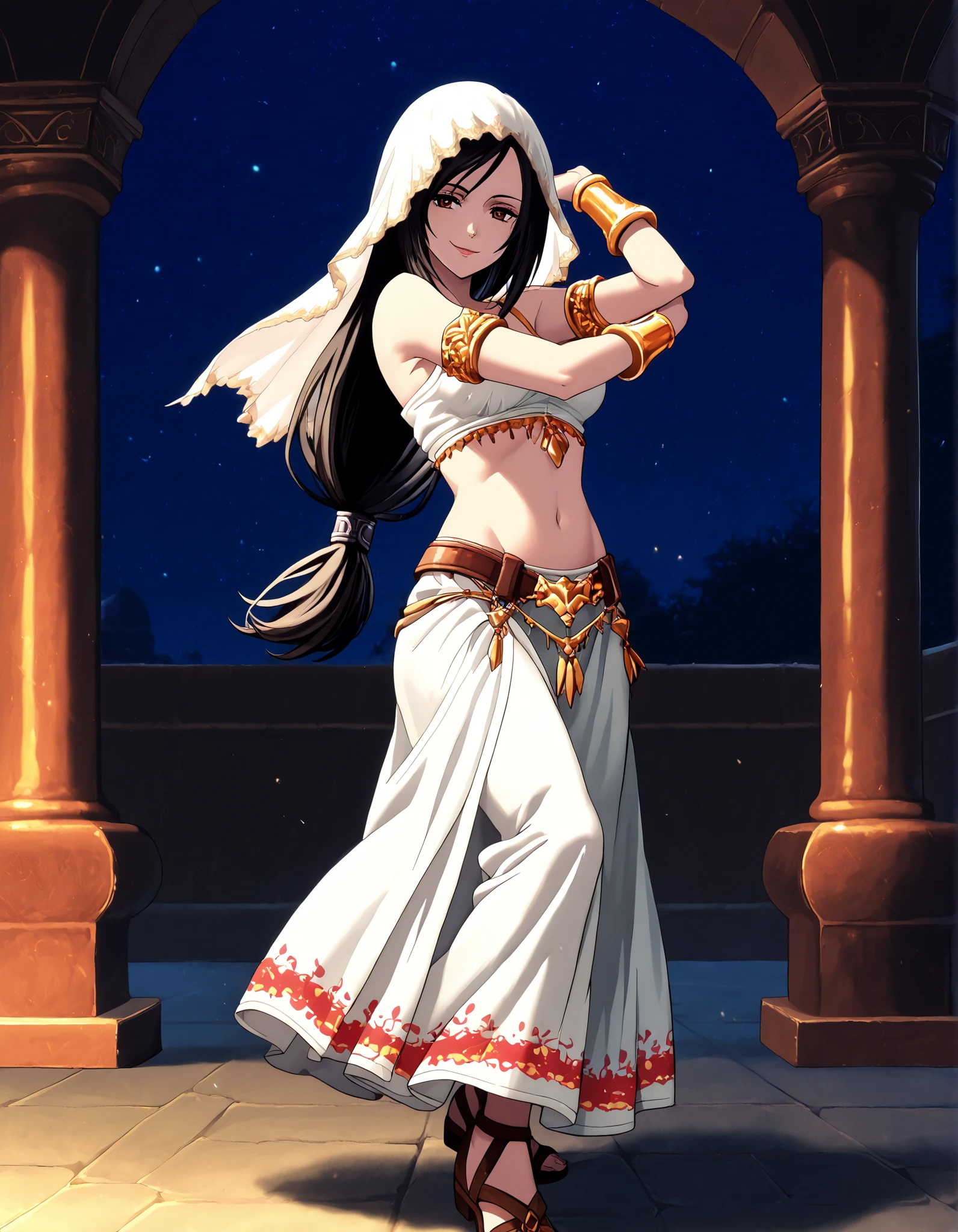 (1girl:1 . 5) , (Seul:1 . 5) , score_9 , score_8_haut , score_7_haut , source_anime , Official work , ultra-detailed , masterpiece , better quality , high resolution , beaux yeux , detailed eyes , Detailed face , beautiful detailed eyes,black hair, brown eyes, low-tied long hair,Final Fantasy,the yarn of alexandros, dancer_fft,crop top,long skirt, belt,bracers, sandals, shawl,golden jewelery,armlet, belly dancing,night,arabian garden,seductive smile, dancing with veil, dynamic movement,dance posture, seductive pose
