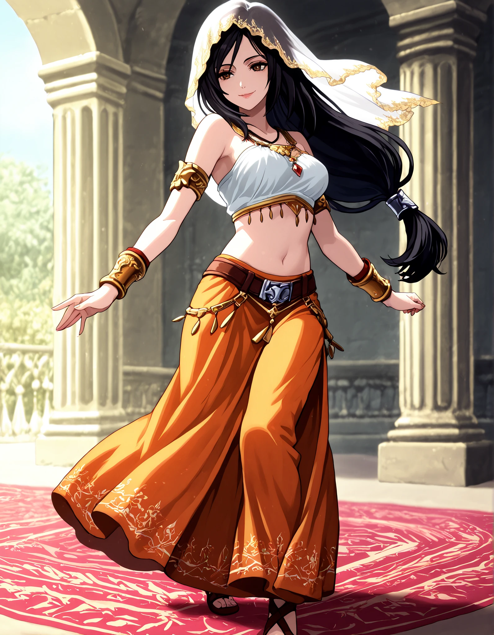 (1girl:1 . 5) , (Seul:1 . 5) , score_9 , score_8_haut , score_7_haut , source_anime , Official work , ultra-detailed , masterpiece , better quality , high resolution , beaux yeux , detailed eyes , Detailed face , beautiful detailed eyes,black hair, brown eyes, low-tied long hair,Final Fantasy,the yarn of alexandros, dancer_fft,crop top,long skirt, belt,bracers, sandals, shawl,golden jewelery,armlet, belly dancing,arabian garden,seductive smile, dancing with veil, dynamic movement,dance posture, seductive pose