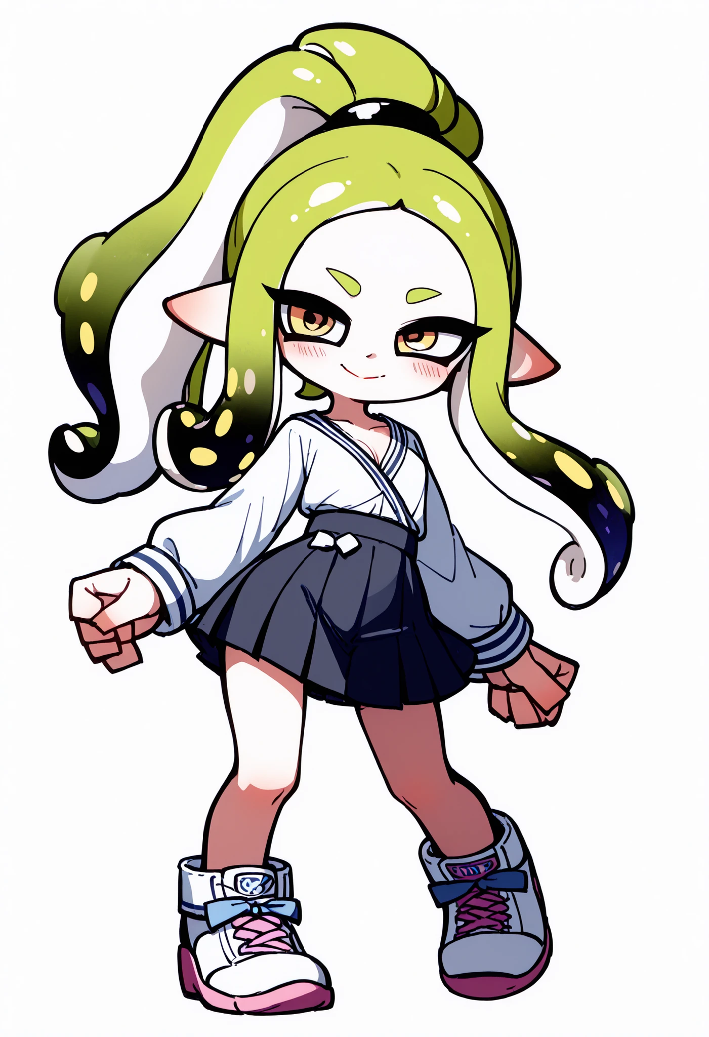 nsfw、masterpiece、high resolution、Highest Quality、Slightly strong contrast、Realistic、deformed、1 cute Splatoon girl、Inkling、Full Body、detailed face、beautiful faces、Big, Cute Eyes、beautiful eyes、golden eyes、long lashes、plump lips、Rouge、Blush、Slightly Smiling、long tentacle hair 、dark green hair、Ponytail、big boobs、cleavage:2.5、Open Front Clothes、sexyなストリート系の服、Exposing Clothes、thin waist、low rise micro mini skirt、cute dynamic Chuck Pose、sexy、Thick Soled Sneakers、psg_style、