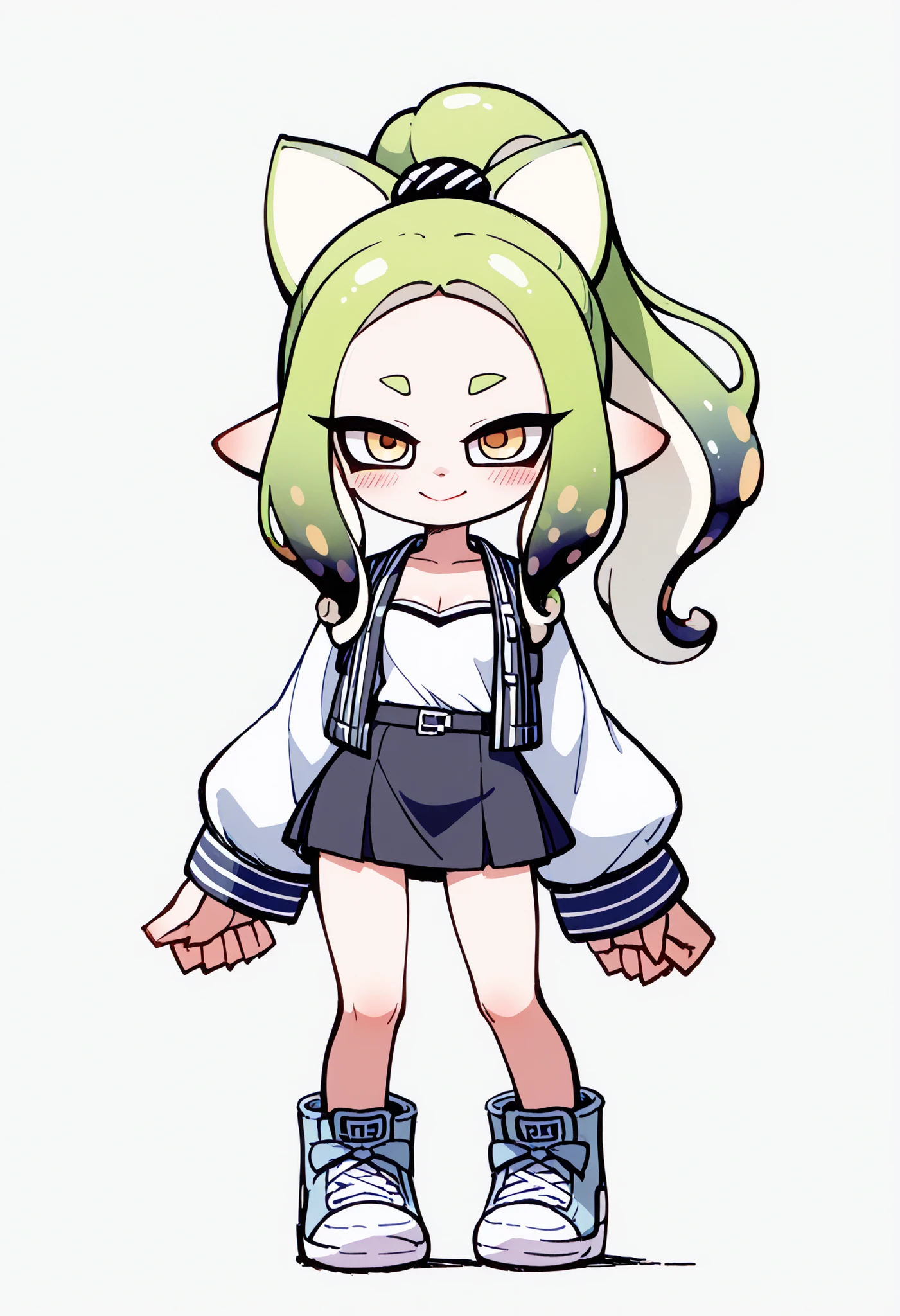 nsfw、masterpiece、high resolution、Highest Quality、Slightly strong contrast、Realistic、deformed、1 cute Splatoon girl、Inkling、Full Body、detailed face、beautiful faces、Big, Cute Eyes、beautiful eyes、golden eyes、long lashes、plump lips、Rouge、Blush、Slightly Smiling、long tentacle hair 、dark green hair、Ponytail、big boobs、cleavage:2.5、Open Front Clothes、sexyなストリート系の服、Exposing Clothes、thin waist、low rise micro mini skirt、cute dynamic Chuck Pose、sexy、Thick Soled Sneakers、psg_style、