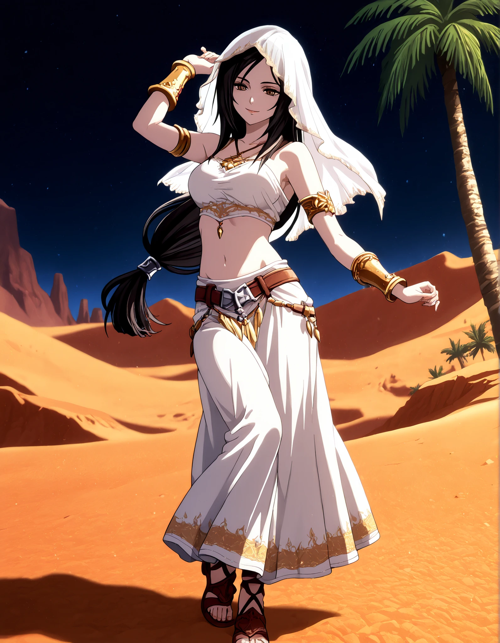 (1girl:1 . 5) , (Seul:1 . 5) , score_9 , score_8_haut , score_7_haut , source_anime , Official work , ultra-detailed , masterpiece , better quality , high resolution , beaux yeux , detailed eyes , Detailed face , beautiful detailed eyes,black hair, brown eyes, low-tied long hair,Final Fantasy,the yarn of alexandros, dancer_fft,crop top,long skirt, belt,bracers, sandals, shawl,golden jewelery,armlet, belly dancing,night,desert lands,palm tree,seductive smile, dancing with veil, dynamic movement,dance posture, seductive pose