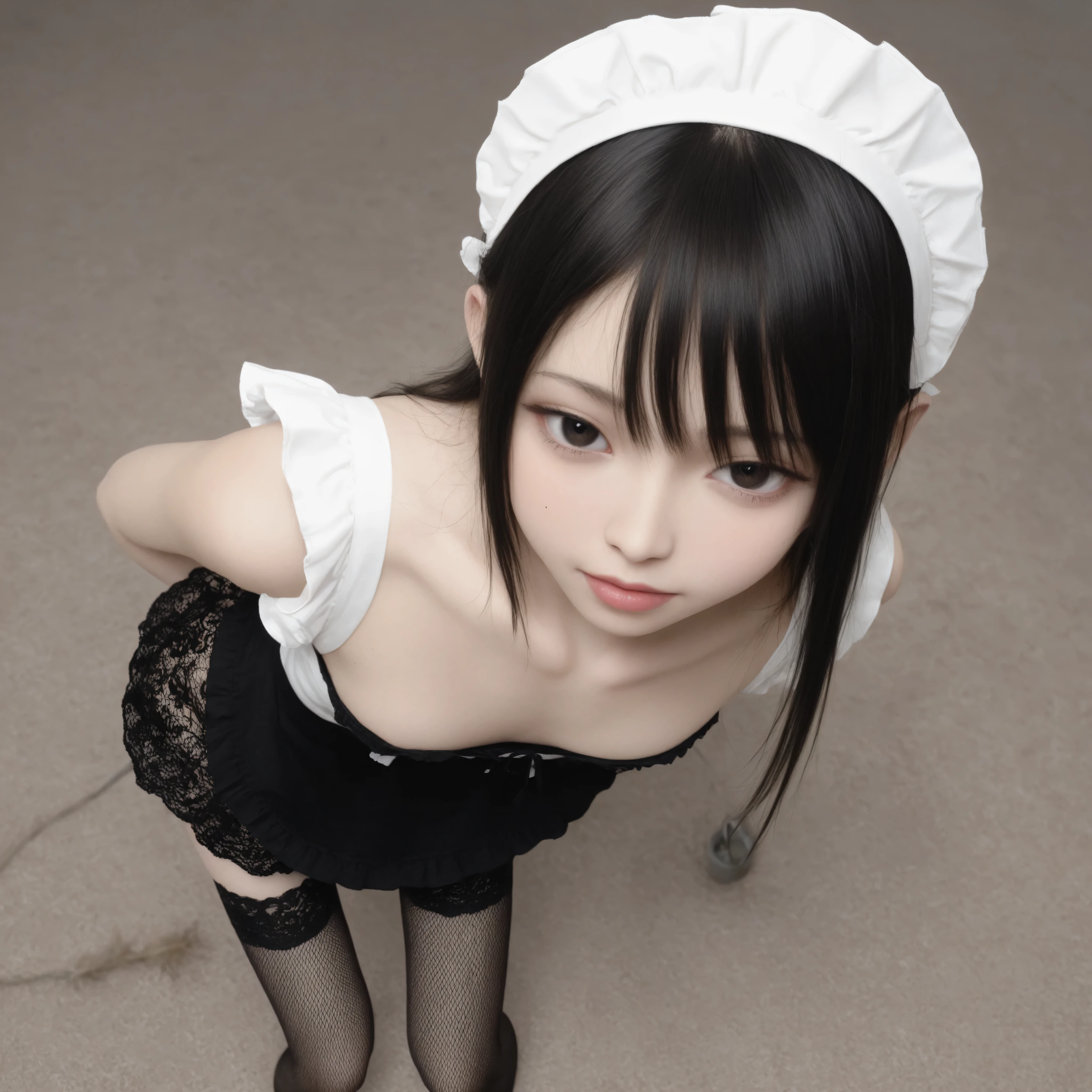 one girl、maids,Look at the audience,(skinny:1.10),(younger:1.20),from above,makes you lean forward,(big :0.20),is watering flowers outside the mansion,japanese,(Smile Yang:0.37),black lace stockings