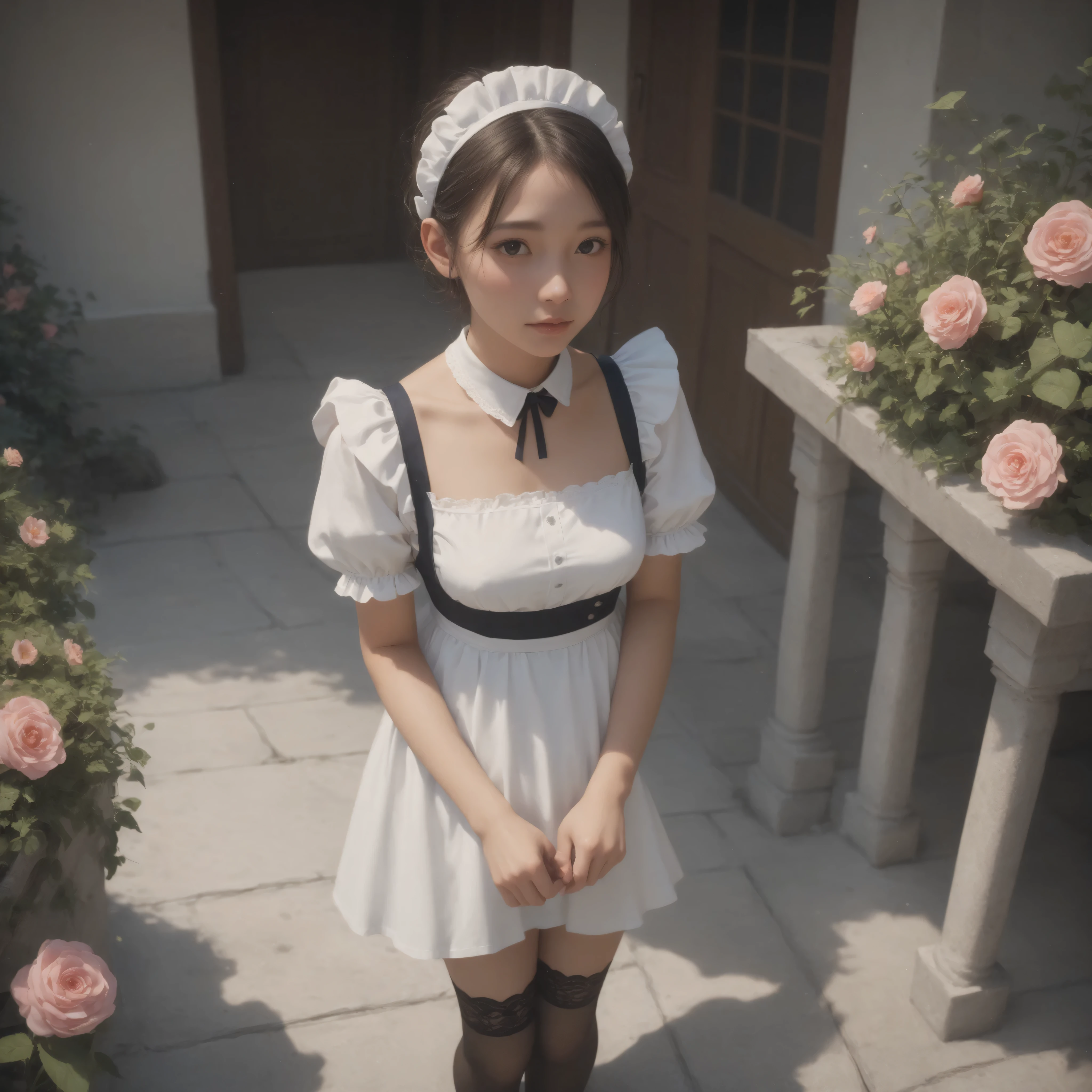one girl、maids,Look at the audience,(skinny:1.04),(younger:1.03),from above,makes you lean forward,(big boobs:0.77),is watering flowers outside the mansion,japanese,(Smile Yang:0.24),black lace stockings