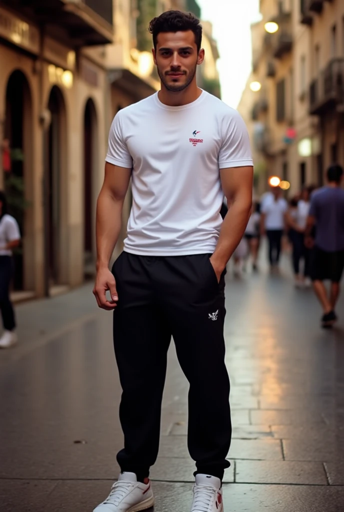 Electric handsome boy with loose clothes red and white. 