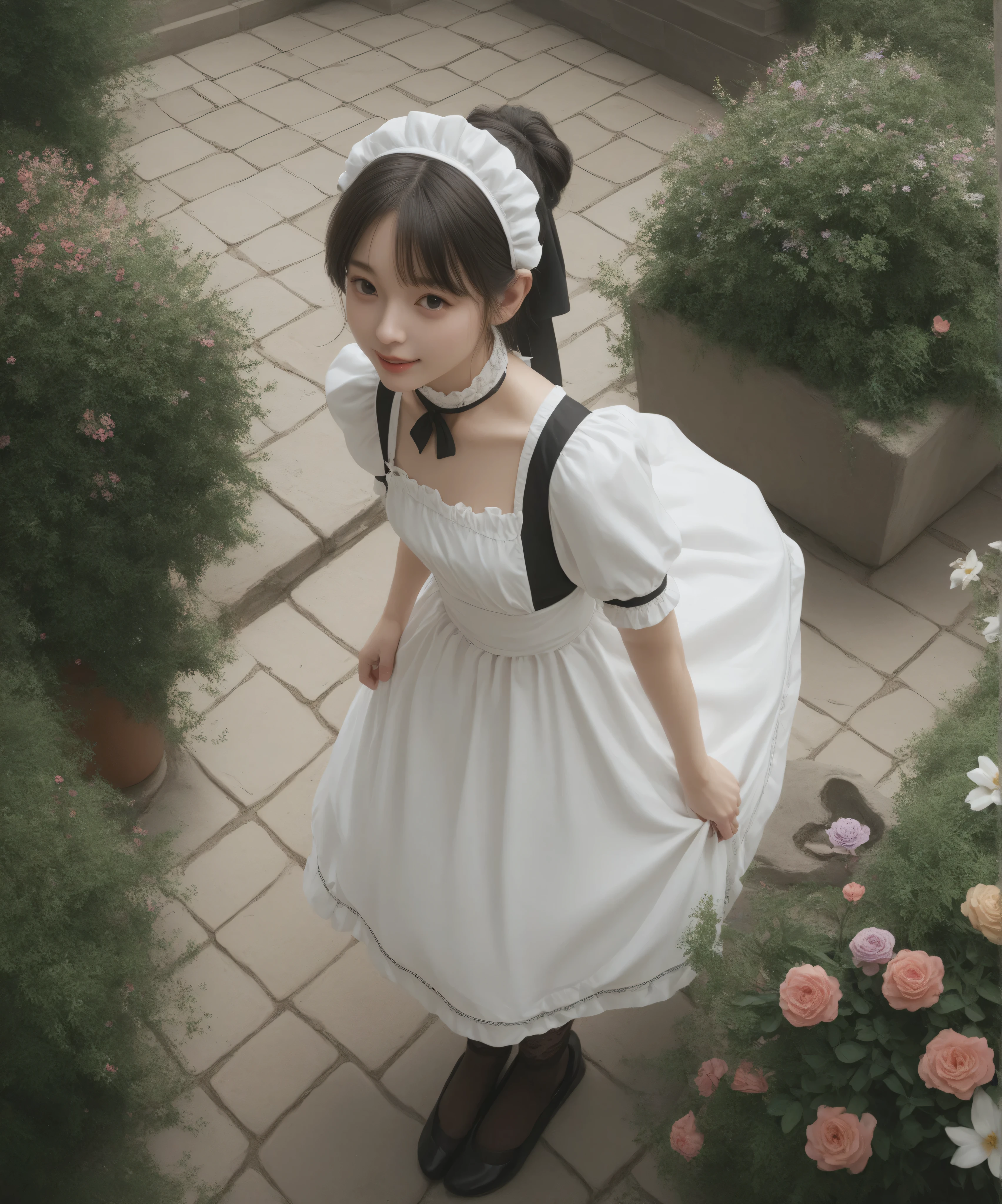 one girl、maids,Look at the audience,(skinny:0.47),(younger:0.19),from above,makes you lean forward,is watering flowers outside the mansion,japanese,(Smile Yang:0.74),black lace stockings