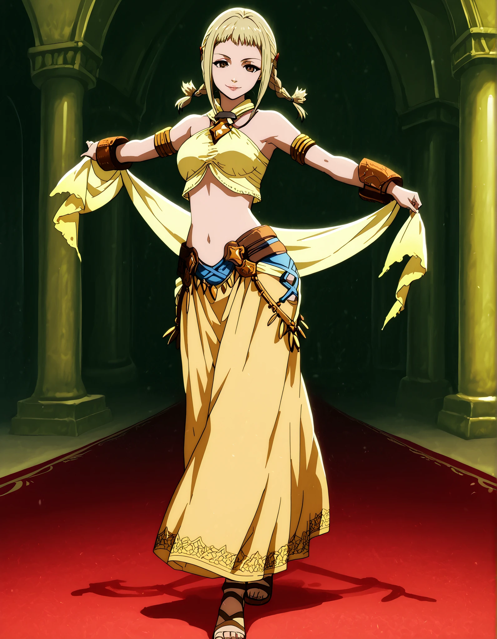(1girl:1 . 5) , (Seul:1 . 5) , score_9 , score_8_haut , score_7_haut , source_anime , Official work , ultra-detailed , masterpiece , better quality , high resolution , beaux yeux , detailed eyes , Detailed face , beautiful detailed eyes,long hair,blonde hair, brown eyes, short twintails, twin braids,Final Fantasy,Penelo, dancer_fft,crop top,long skirt, belt,bracers, sandals, shawl,golden jewelery,armlet, belly dancing,arabian theater,seductive smile, dancing with veil, dynamic movement,dance posture, pose