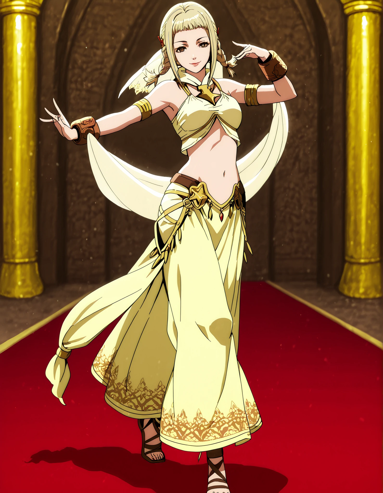 (1girl:1 . 5) , (Seul:1 . 5) , score_9 , score_8_haut , score_7_haut , source_anime , Official work , ultra-detailed , masterpiece , better quality , high resolution , beaux yeux , detailed eyes , Detailed face , beautiful detailed eyes,long hair,blonde hair, brown eyes, short twintails, twin braids,Final Fantasy,Penelo, dancer_fft,crop top,long skirt, belt,bracers, sandals, shawl,golden jewelery,armlet, belly dancing,arabian theater,seductive smile, dancing with veil, dynamic movement,dance posture, pose