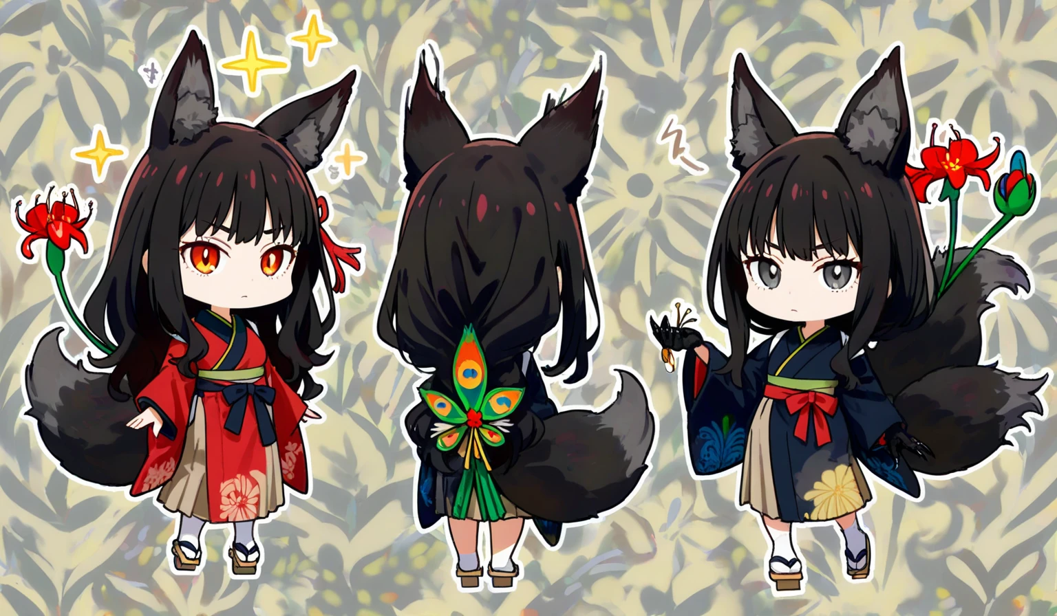 girl, Black short hair, cat ears, Chinese traditional clothing fusion, long, full skirt, Clothing colors yellow and red, hair white, SD Character, The movement of sitting on one's knees with one's hands placed on one's knees, Close your eyes and smile