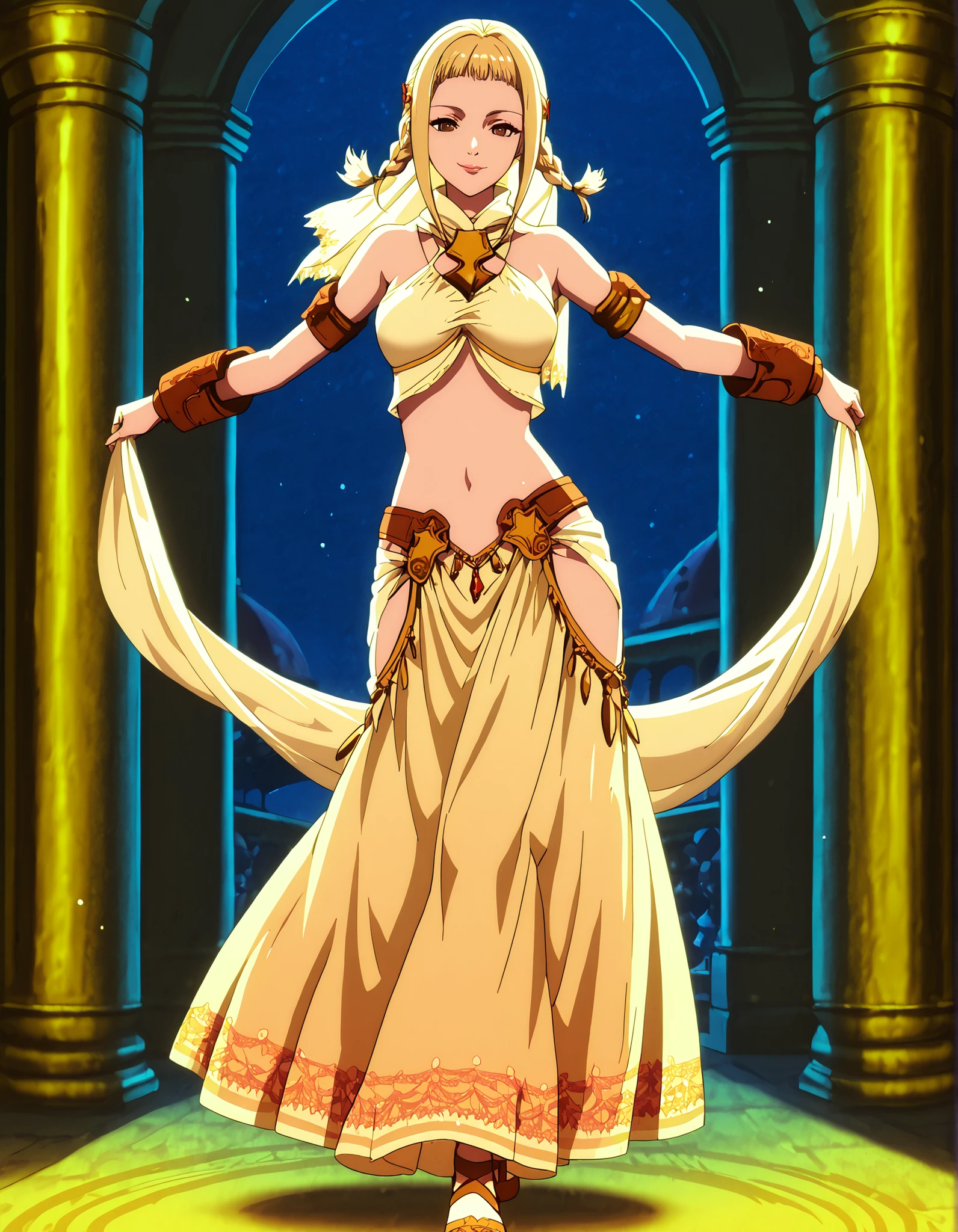 (1girl:1 . 5) , (Seul:1 . 5) , score_9 , score_8_haut , score_7_haut , source_anime , Official work , ultra-detailed , masterpiece , better quality , high resolution , beaux yeux , detailed eyes , Detailed face , beautiful detailed eyes,long hair,blonde hair, brown eyes, short twintails, twin braids,Final Fantasy,Penelo, dancer_fft,crop top,long skirt, belt,bracers, sandals, shawl,golden jewelery,armlet, belly dancing,night,arabian garden,seductive smile, dancing with veil, dynamic movement,dance posture, pose