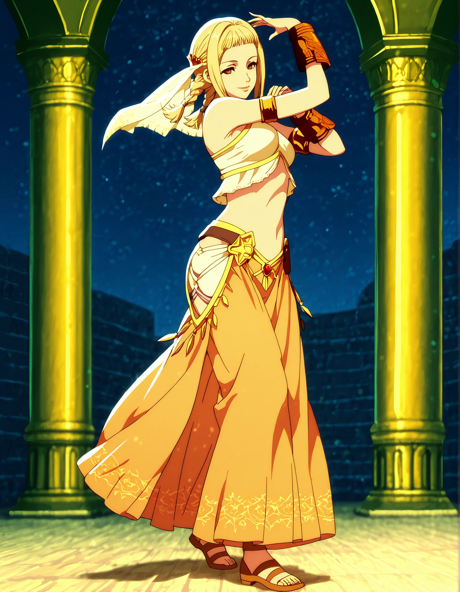 (1girl:1 . 5) , (Seul:1 . 5) , score_9 , score_8_haut , score_7_haut , source_anime , Official work , ultra-detailed , masterpiece , better quality , high resolution , beaux yeux , detailed eyes , Detailed face , beautiful detailed eyes,long hair,blonde hair, brown eyes, short twintails, twin braids,Final Fantasy,Penelo, dancer_fft,crop top,long skirt, belt,bracers, sandals, shawl,golden jewelery,armlet, belly dancing,night,arabian garden,seductive smile, dancing with veil, dynamic movement,dance posture, pose
