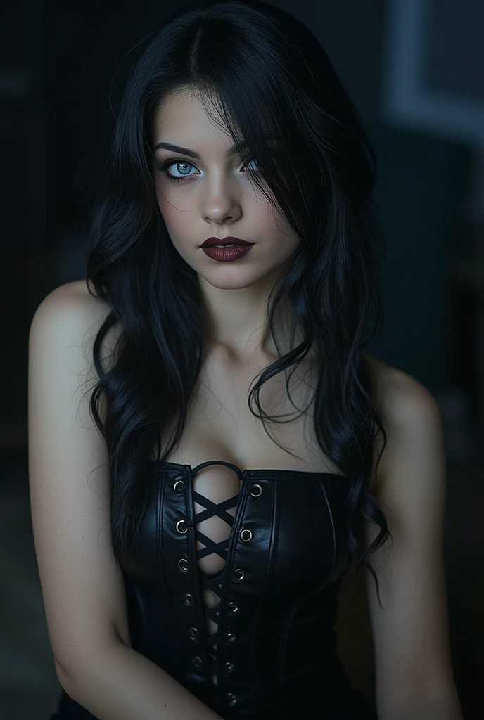 A young woman (20 years old) with a traditional goth style that includes a thick layer of white foundation, very big eyeliner, a bridge piercing and snake bites piercings. Her hair is black and she have blue eyes