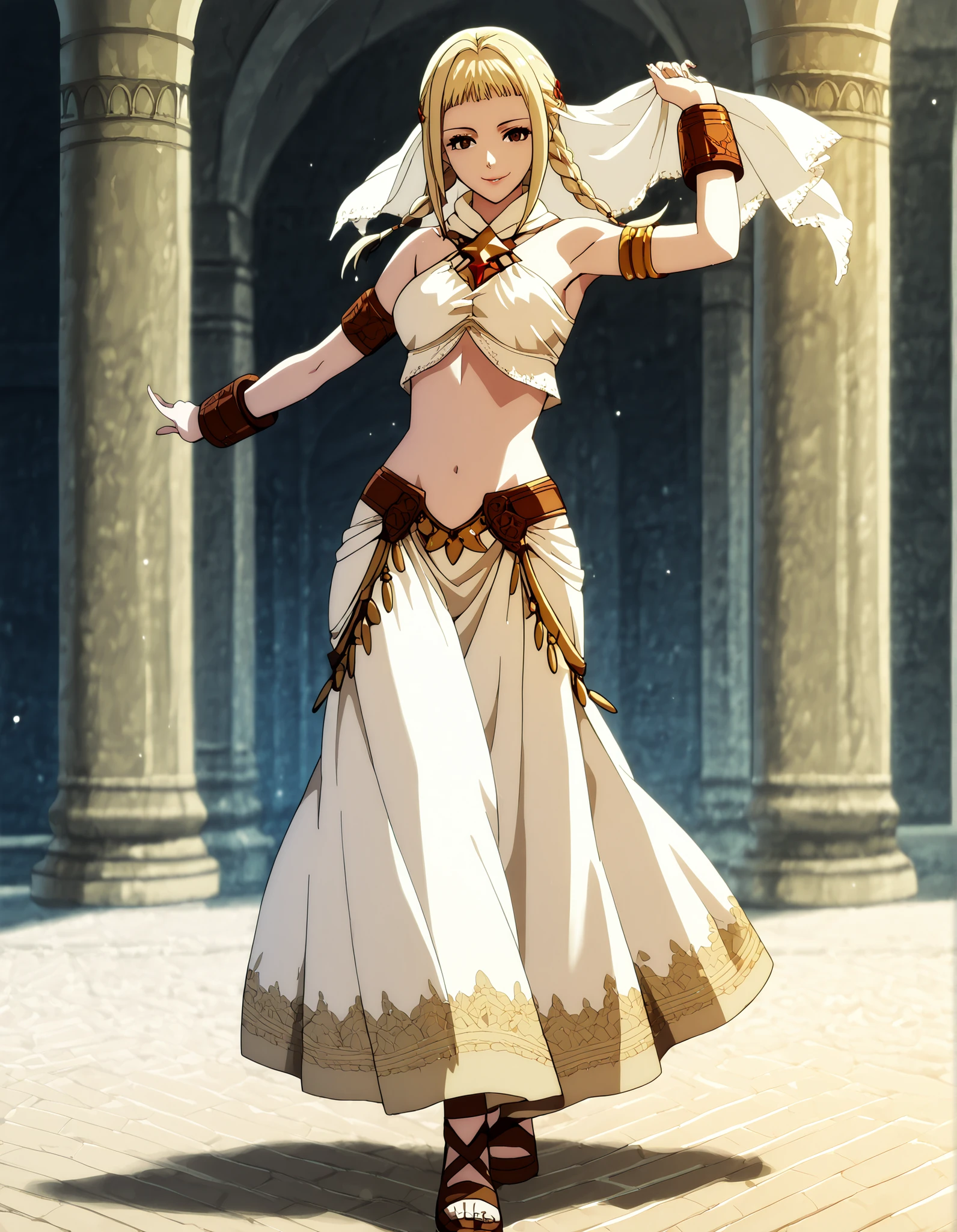 (1girl:1 . 5) , (Seul:1 . 5) , score_9 , score_8_haut , score_7_haut , source_anime , Official work , ultra-detailed , masterpiece , better quality , high resolution , beaux yeux , detailed eyes , Detailed face , beautiful detailed eyes,long hair,blonde hair, brown eyes,twin braids,Final Fantasy,Penelo, dancer_fft,crop top,long skirt, belt,bracers, sandals, shawl,golden jewelery,armlet, belly dancing,arabian garden,seductive smile, dancing with veil, dynamic movement,dance posture, pose