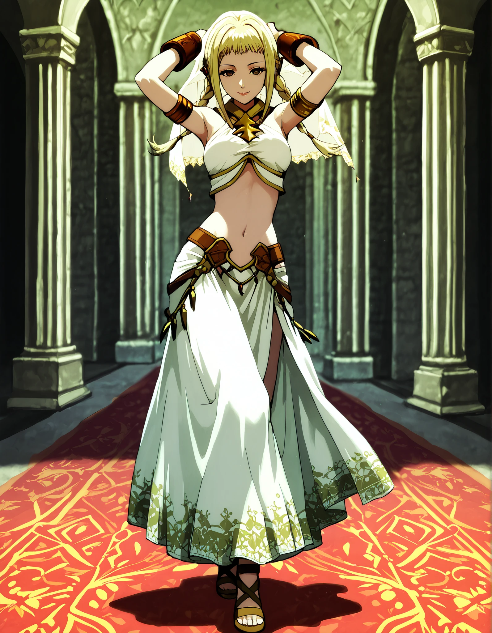 (1girl:1 . 5) , (Seul:1 . 5) , score_9 , score_8_haut , score_7_haut , source_anime , Official work , ultra-detailed , masterpiece , better quality , high resolution , beaux yeux , detailed eyes , Detailed face , beautiful detailed eyes,long hair,blonde hair, brown eyes,twin braids,Final Fantasy,Penelo, dancer_fft,crop top,long skirt, belt,bracers, sandals, shawl,golden jewelery,armlet, belly dancing,arabian garden,seductive smile, dancing with veil, dynamic movement,dance posture, pose