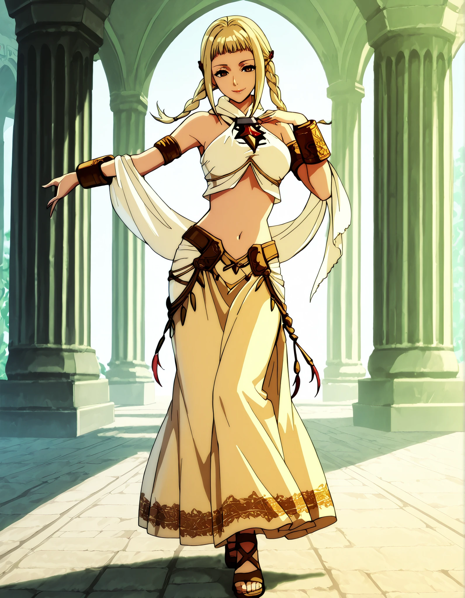 (1girl:1 . 5) , (Seul:1 . 5) , score_9 , score_8_haut , score_7_haut , source_anime , Official work , ultra-detailed , masterpiece , better quality , high resolution , beaux yeux , detailed eyes , Detailed face , beautiful detailed eyes,long hair,blonde hair, brown eyes,twin braids,Final Fantasy,Penelo, dancer_fft,crop top,long skirt, belt,bracers, sandals, shawl,golden jewelery,armlet, belly dancing,arabian garden,seductive smile, dancing with veil, dynamic movement,dance posture, pose