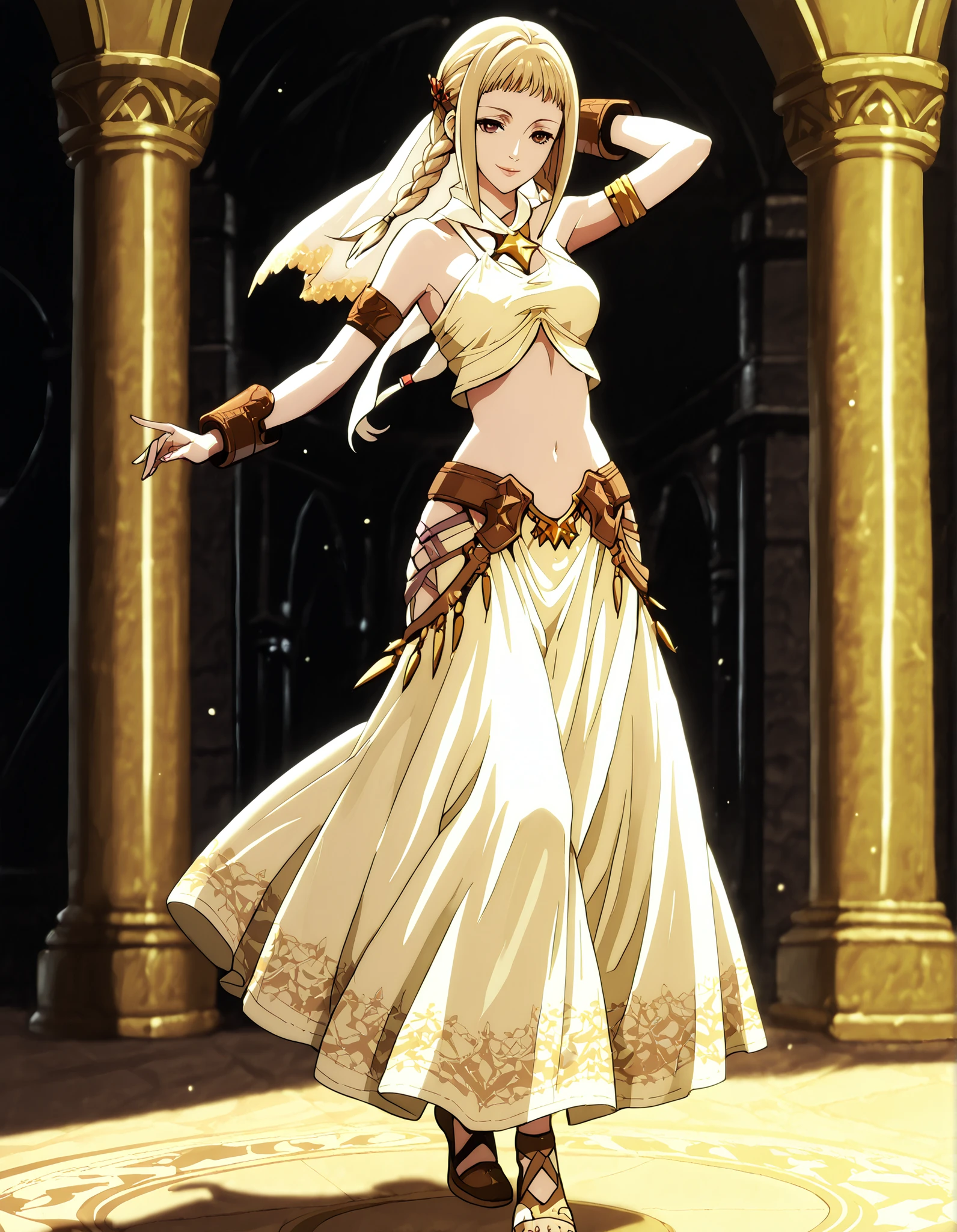 (1girl:1 . 5) , (Seul:1 . 5) , score_9 , score_8_haut , score_7_haut , source_anime , Official work , ultra-detailed , masterpiece , better quality , high resolution , beaux yeux , detailed eyes , Detailed face , beautiful detailed eyes,long hair,blonde hair, brown eyes,twin braids,Final Fantasy,Penelo, dancer_fft,crop top,long skirt, belt,bracers, sandals, shawl,golden jewelery,armlet, belly dancing,arabian garden,seductive smile, dancing with veil, dynamic movement,dance posture, pose