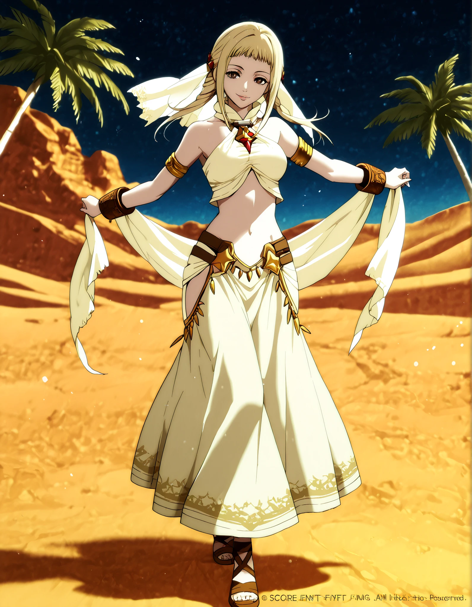 (1girl:1 . 5) , (Seul:1 . 5) , score_9 , score_8_haut , score_7_haut , source_anime , Official work , ultra-detailed , masterpiece , better quality , high resolution , beaux yeux , detailed eyes , Detailed face , beautiful detailed eyes,long hair,blonde hair, brown eyes,Final Fantasy,Penelo, dancer_fft,crop top,long skirt, belt,bracers, sandals, shawl,golden jewelery,armlet, belly dancing,night,desert lands,palm tree,seductive smile, dancing with veil, dynamic movement,dance posture, seductive pose