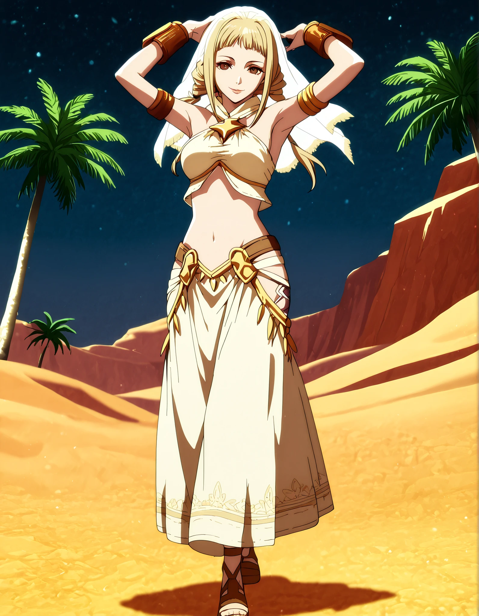 (1girl:1 . 5) , (Seul:1 . 5) , score_9 , score_8_haut , score_7_haut , source_anime , Official work  , ultra-detailed , masterpiece , better quality , high resolution , beaux yeux , detailed eyes , Detailed face , beautiful detailed eyes,long hair,blonde hair, brown eyes,Final Fantasy,Penelo, dancer_fft,crop top,long skirt, belt,bracers, sandals, shawl,golden jewelery,armlet, belly dancing,night,desert lands,palm tree,seductive smile, dancing with veil, dynamic movement,dance posture,  pose