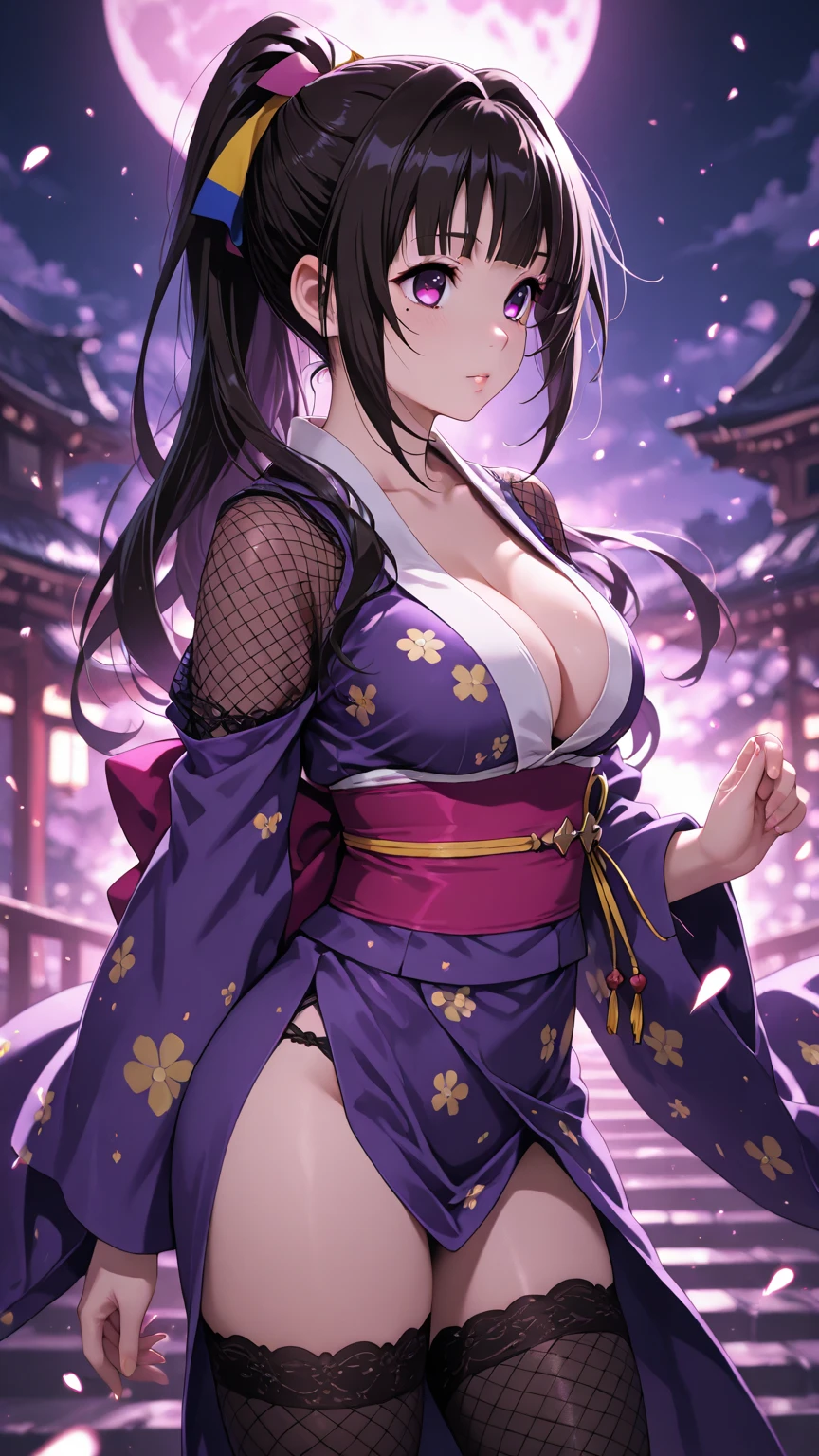 1girl, solo, long hair, , looking at viewer, blush, smile, open mouth, bangs, , black hair, hair ornament, cleavage, brown eyes, flower, :d, thighs, japanese clothes, shiny, hair flower, kimono, shiny skin, sash, tattoo, night, obi, from below, yukata, lantern, purple kimono, paper lantern, festival