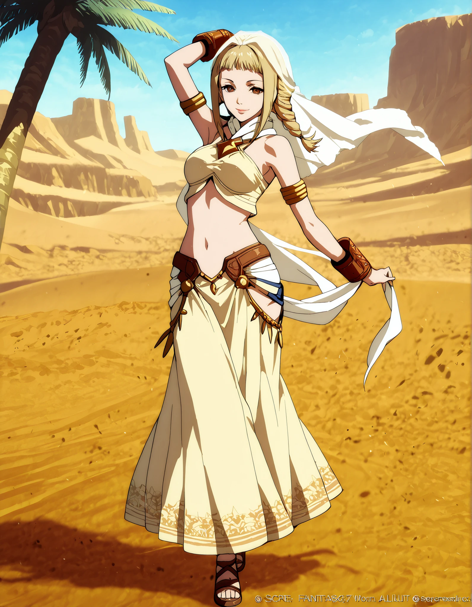 (1girl:1 . 5) , (Seul:1 . 5) , score_9 , score_8_haut , score_7_haut , source_anime , Official work , ultra-detailed , masterpiece , better quality , high resolution , beaux yeux , detailed eyes , Detailed face , beautiful detailed eyes,long hair,blonde hair, brown eyes,Final Fantasy,Penelo, dancer_fft,crop top,long skirt, belt,bracers, sandals, shawl,golden jewelery,armlet, belly dancing,desert lands,palm tree,seductive smile, dancing with veil, dynamic movement,dance posture, pose
