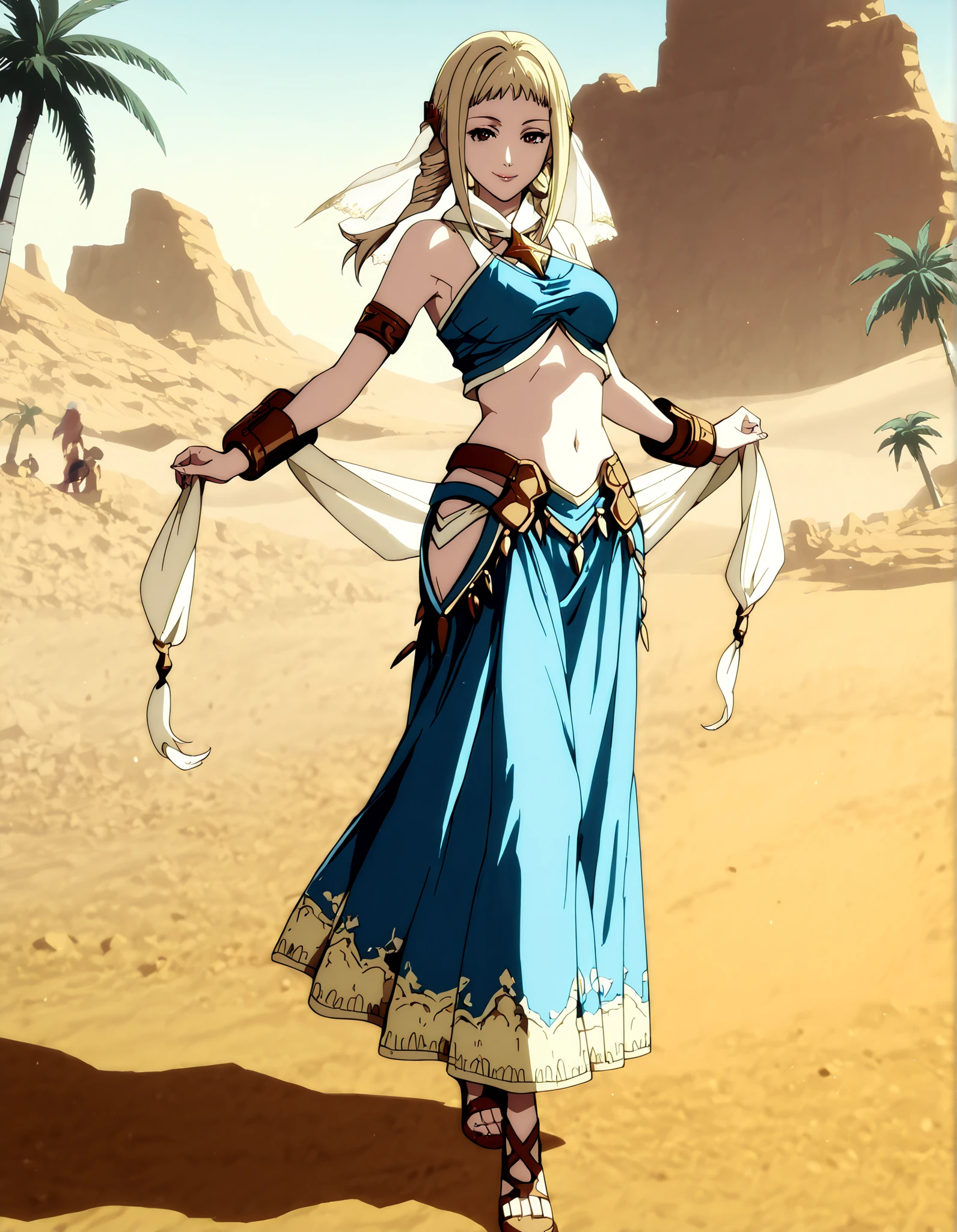 (1girl:1 . 5) , (Seul:1 . 5) , score_9 , score_8_haut , score_7_haut , source_anime , Official work  , ultra-detailed , masterpiece , better quality , high resolution , beaux yeux , detailed eyes , Detailed face , beautiful detailed eyes,long hair,blonde hair, brown eyes,Final Fantasy,Penelo, dancer_fft,crop top,long skirt, belt,bracers, sandals, shawl,golden jewelery,armlet, belly dancing,desert lands,palm tree,seductive smile, dancing with veil, dynamic movement,dance posture,  pose