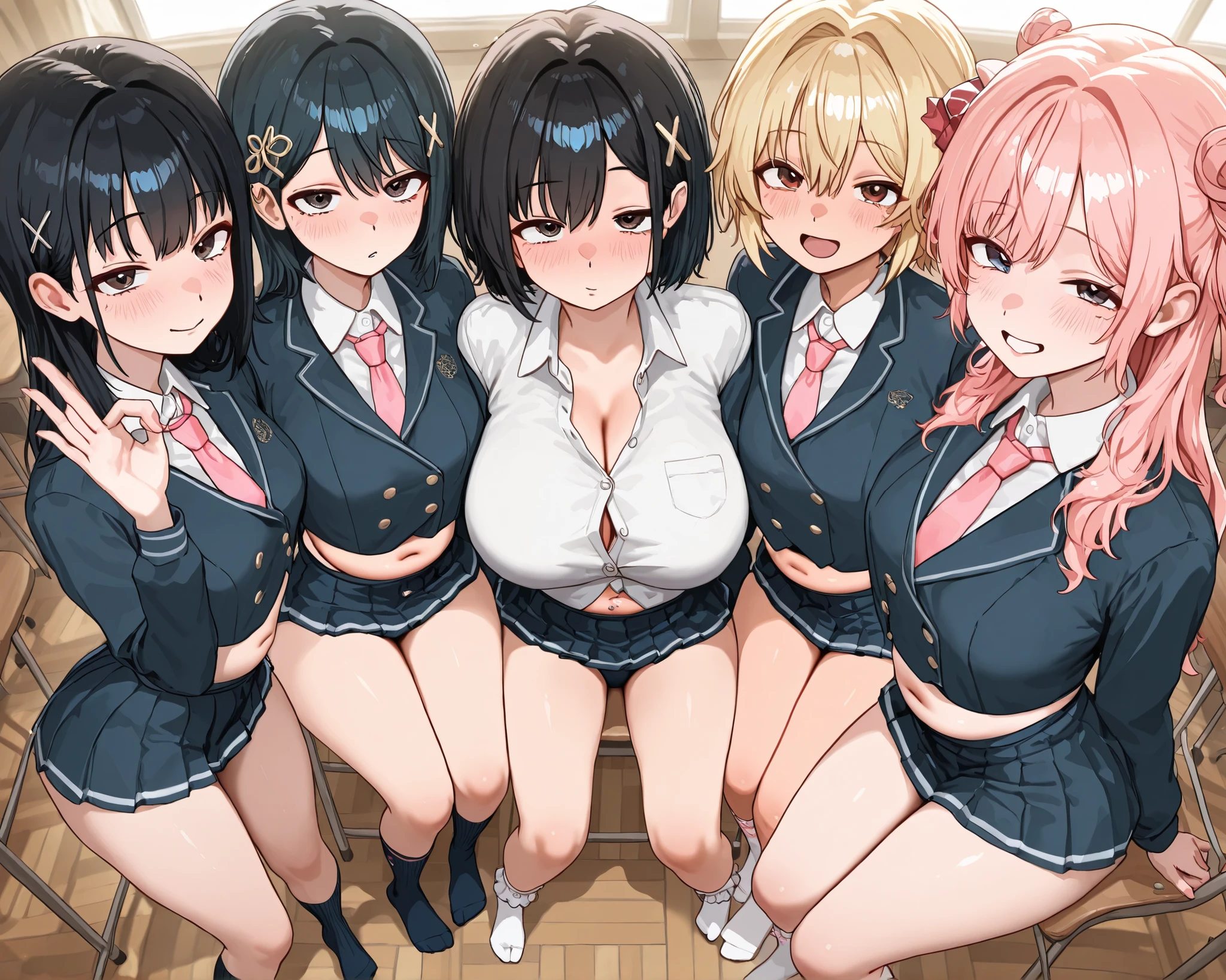 (skirt),Ultra High Definition , 8k , masterpiece , Highest Quality , highly technical aesthetic artwork , Highly Detailed CG Unity 8k Wallpaper , anatomical modification of the human body ,((bowlegged pose))、Dirty anime style,(brown shadow),belly button,Short, revealing jacket,no shoes,Highest Quality, masterpiece, 8K quality,Detailed and delicate background depiction,Exact Perth,Dim school,perfect and accurate anatomy,humiliated clothes 5girls,humiliated white shirt,((A school where all students are required to wear vulgar and obscene erotic costumes))、super high resolution,Wide Variety of Everyday Movement Poses,前後Mr.々placed in a place like, A school classroom scene where students are forced to wear erotic clothing, five female students , Girls with sad expressions, Collared shirts that accentuate cleavage, chest where buttons seem to pop, Uniforms with vulgar designs, A variety of short socks, Ankle Socks,High Socks,crew socks,ribbed socks,ruffle socks, colorful socks, Cheeks red with embarrassment, Gestures that sell flatulence, Miserable look, A notice board with vulgar school rules, A classroom with obscene decorations,looking from above, humiliating pose, Debt Documents, Mr.々Female students of a certain age, appearance enduring disgrace、Obscene belt,Obscene pink tie,flushed skin,humiliated clothes、Sissy、all girls quite revealing indecent clothes、vulgar,a gawky lad with long ungainly legs、microskirt,white shirt,(背景の生徒たちもHumiliating Feeling Forced to Sell Fascination),ギリギリの丈のskirt,each々The gesture of trying to hide it with a larger cardigan {x } Differences in vulgar and obscene attire etc. are clearly depicted,lms、fresh breeze、plugging in sunlight、Wide Variety of Socksを大衆に晒す、Wide Variety of Socks、A wide variety of hairstyles that hold on to someone else's body、rich variety of hair colors、hair accessories with a wide variety of、A wide variety of ages,((Lots of erotic costume students))、,lms,A shirt with a bare belly,American style,(Humiliating Feeling Forced to Sell Fascination),each々that clearly depicts differences in their unique vulgar and obscene attire,a school with vulgar and obscene interior designs。