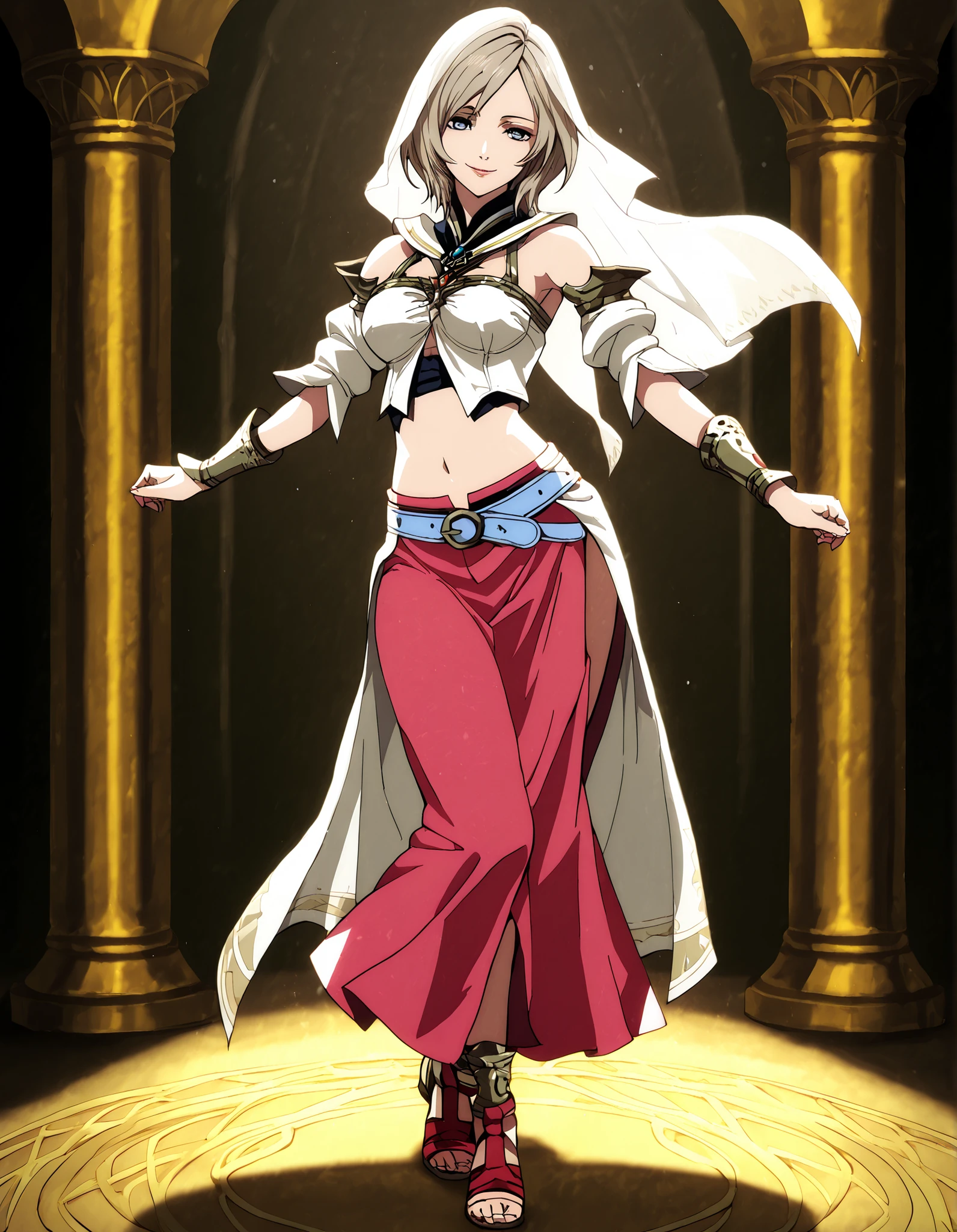 (1girl:1 . 5) , (Seul:1 . 5) , score_9 , score_8_haut , score_7_haut , source_anime , Official work , ultra-detailed , masterpiece , better quality , high resolution , beaux yeux , detailed eyes , Detailed face , beautiful detailed eyes,light brown hair, short hair, blue eyes,Final Fantasy,ashelia b'nargin dalmasca, dancer_fft,crop top,long skirt, belt,bracers, sandals, shawl,golden jewelery,armlet, belly dancing,arabian theater,seductive smile, dancing with veil, dynamic movement,dance posture, seductive pose