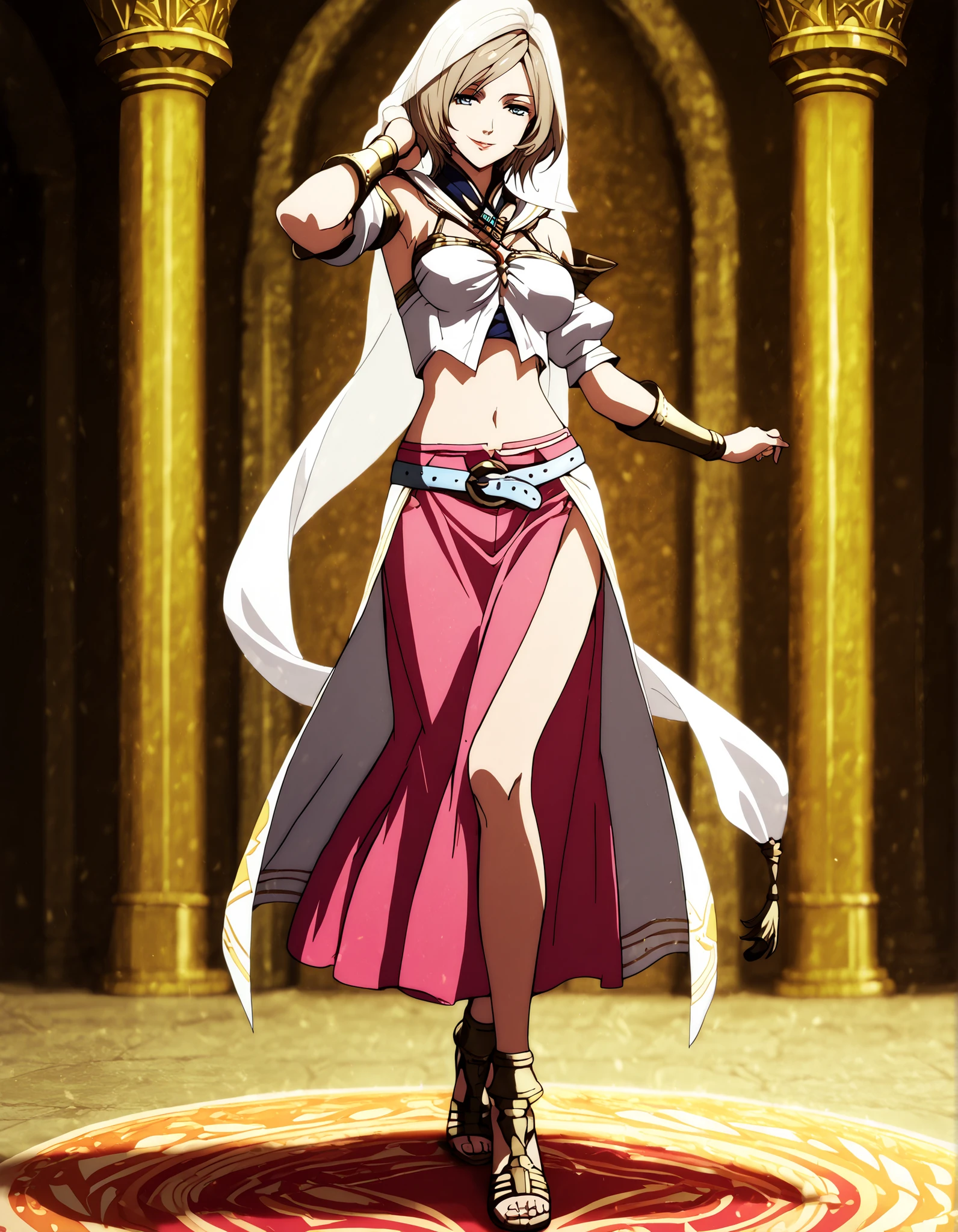 (1girl:1 . 5) , (Seul:1 . 5) , score_9 , score_8_haut , score_7_haut , source_anime , Official work , ultra-detailed , masterpiece , better quality , high resolution , beaux yeux , detailed eyes , Detailed face , beautiful detailed eyes,light brown hair, short hair, blue eyes,Final Fantasy,ashelia b'nargin dalmasca, dancer_fft,crop top,long skirt, belt,bracers, sandals, shawl,golden jewelery,armlet, belly dancing,arabian theater,seductive smile, dancing with veil, dynamic movement,dance posture, seductive pose