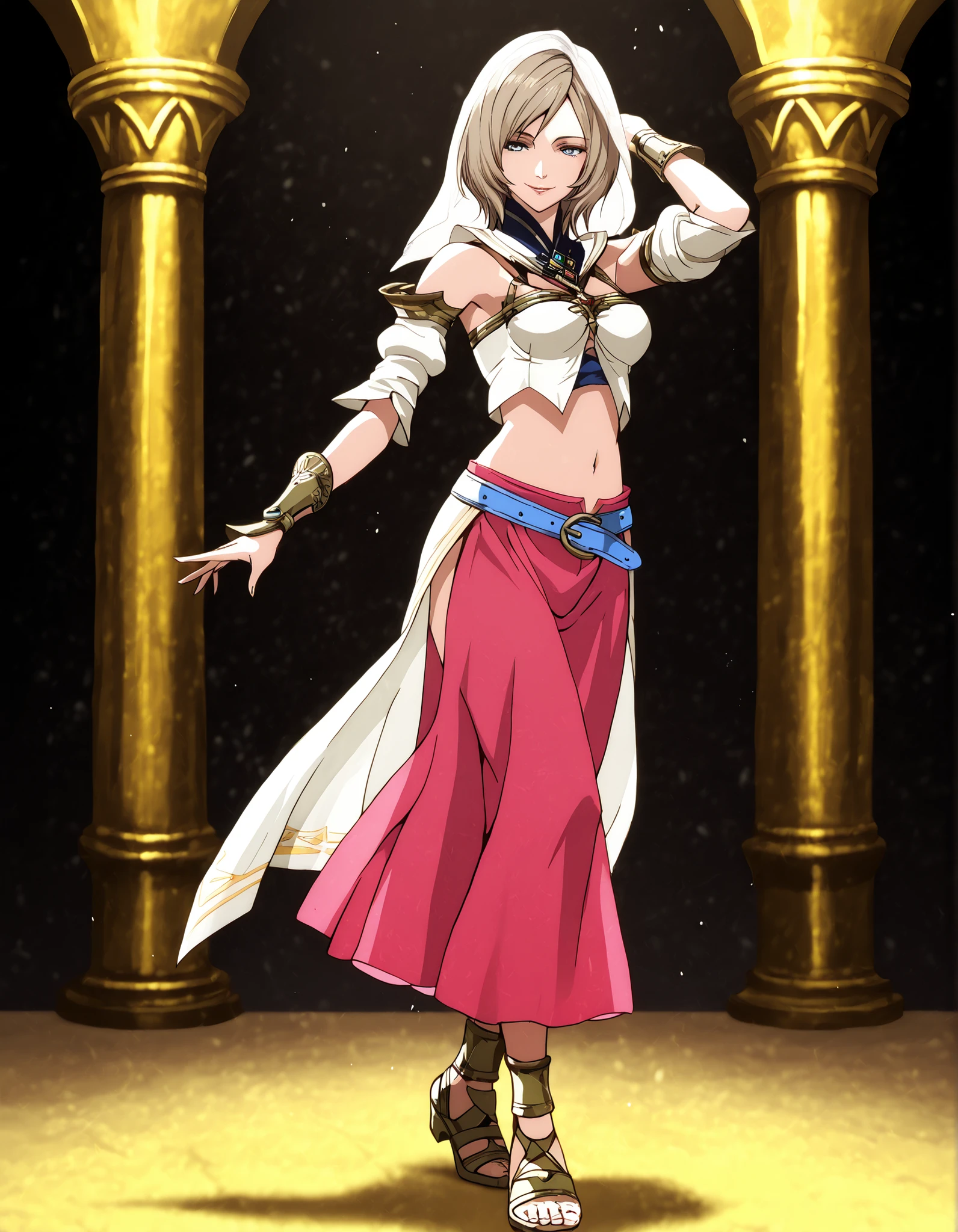 (1girl:1 . 5) , (Seul:1 . 5) , score_9 , score_8_haut , score_7_haut , source_anime , Official work , ultra-detailed , masterpiece , better quality , high resolution , beaux yeux , detailed eyes , Detailed face , beautiful detailed eyes,light brown hair, short hair, blue eyes,Final Fantasy,ashelia b'nargin dalmasca, dancer_fft,crop top,long skirt, belt,bracers, sandals, shawl,golden jewelery,armlet, belly dancing,arabian theater,seductive smile, dancing with veil, dynamic movement,dance posture, seductive pose