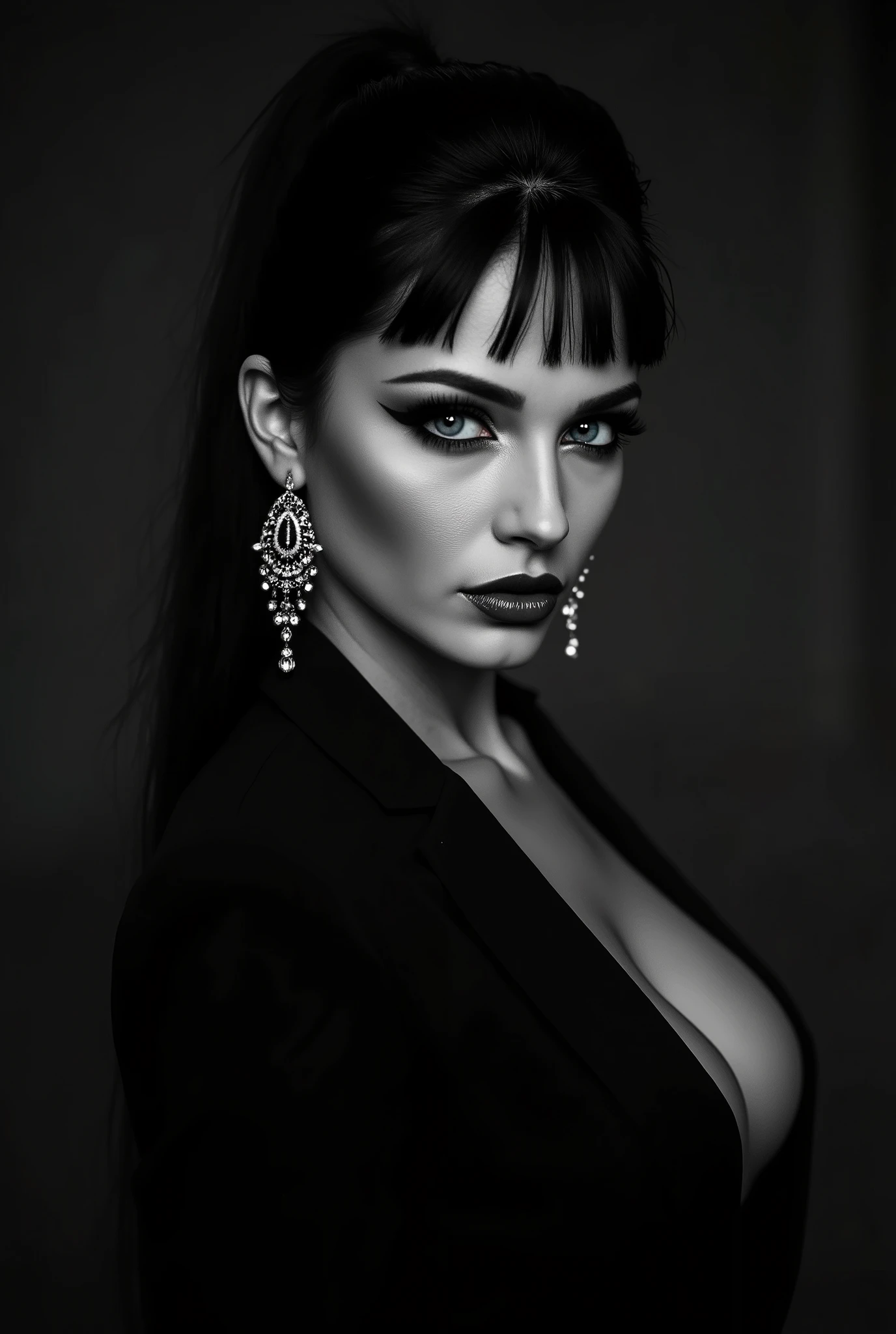 "Ultra-realistic black and white cinematic portrait of a mysterious, powerful woman in a noir atmosphere. She stands in a close-up frame, slightly turned to the side, with her eyes glancing sharply to the left — an intense, distrustful, and defiant expression that exudes confidence and control. Her facial features are sharply defined by dramatic side lighting from the left, creating deep shadows on the right side of her face and neck, emphasizing her cheekbones, jawline, and subtle texture of the skin.

She wears a structured black blazer with wide lapels and a deep neckline, elegant yet bold. Her hair is styled in a voluminous retro updo with loose strands flowing down the back, giving her a slightly rebellious yet glamorous look. She wears large, crystal chandelier earrings that reflect the light, adding sophistication and sparkle to the monochrome scene.

Her makeup is striking — dark eyeliner, sculpted brows, and matte lips — perfectly balanced to enhance her intense gaze. The background is plain and dark, creating strong visual contrast and isolating her figure in a minimalist, high-fashion composition.

The atmosphere is tense, elegant, and cinematic — evoking a classic film noir tone with modern sharpness and depth. The lighting is moody and high-contrast, with a professional studio aesthetic, crisp details, and soft shadows wrapping around her silhouette. The mood feels charged with intelligence and quiet dominance, as if she’s silently assessing someone just out of frame.

— camera angle: slightly above eye level
— composition: tight portrait shot
— lighting: dramatic studio side light, high contrast, deep shadows
— tone: mysterious, elegant, noir-inspired
— style: cinematic photography, 8K detail, fashion editorial realism, ultra-detailed skin texture, soft background blur"