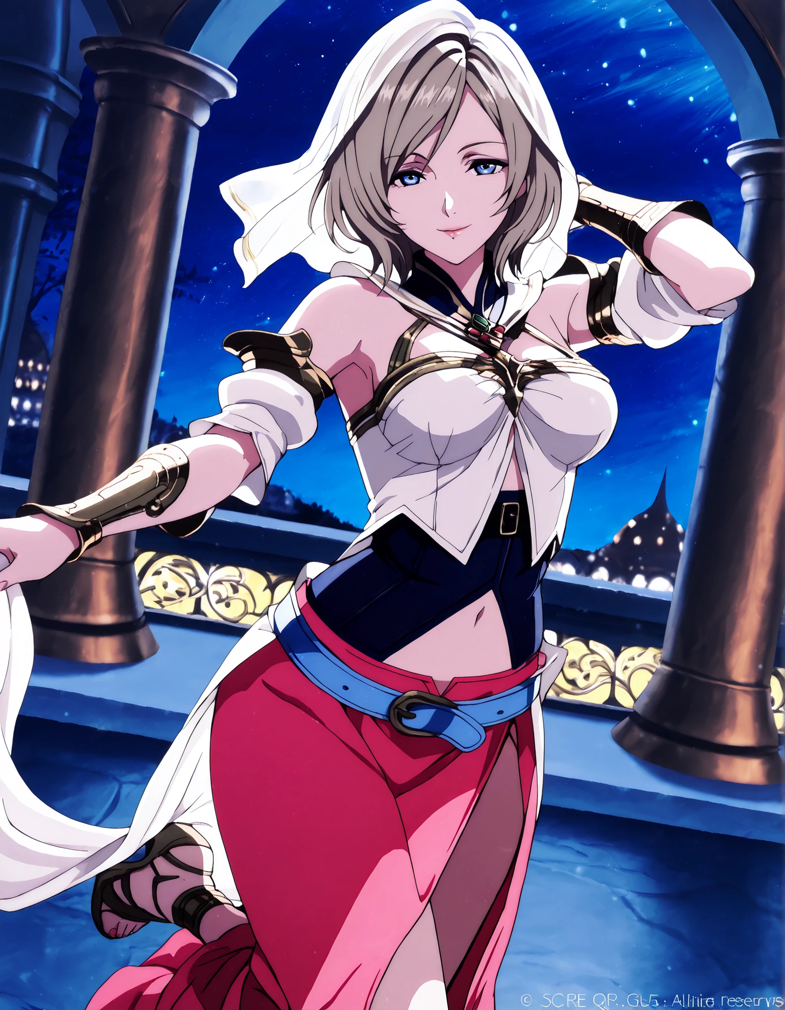 (1girl:1 . 5) , (Seul:1 . 5) , score_9 , score_8_haut , score_7_haut , source_anime , Official work , ultra-detailed , masterpiece , better quality , high resolution , beaux yeux , detailed eyes , Detailed face , beautiful detailed eyes,light brown hair, short hair, blue eyes,Final Fantasy,ashelia b'nargin dalmasca, dancer_fft,crop top,long skirt, belt,bracers, sandals, shawl,golden jewelery,armlet, belly dancing,night,arabian garden,seductive smile, dancing with veil, dynamic movement,dance posture, seductive pose