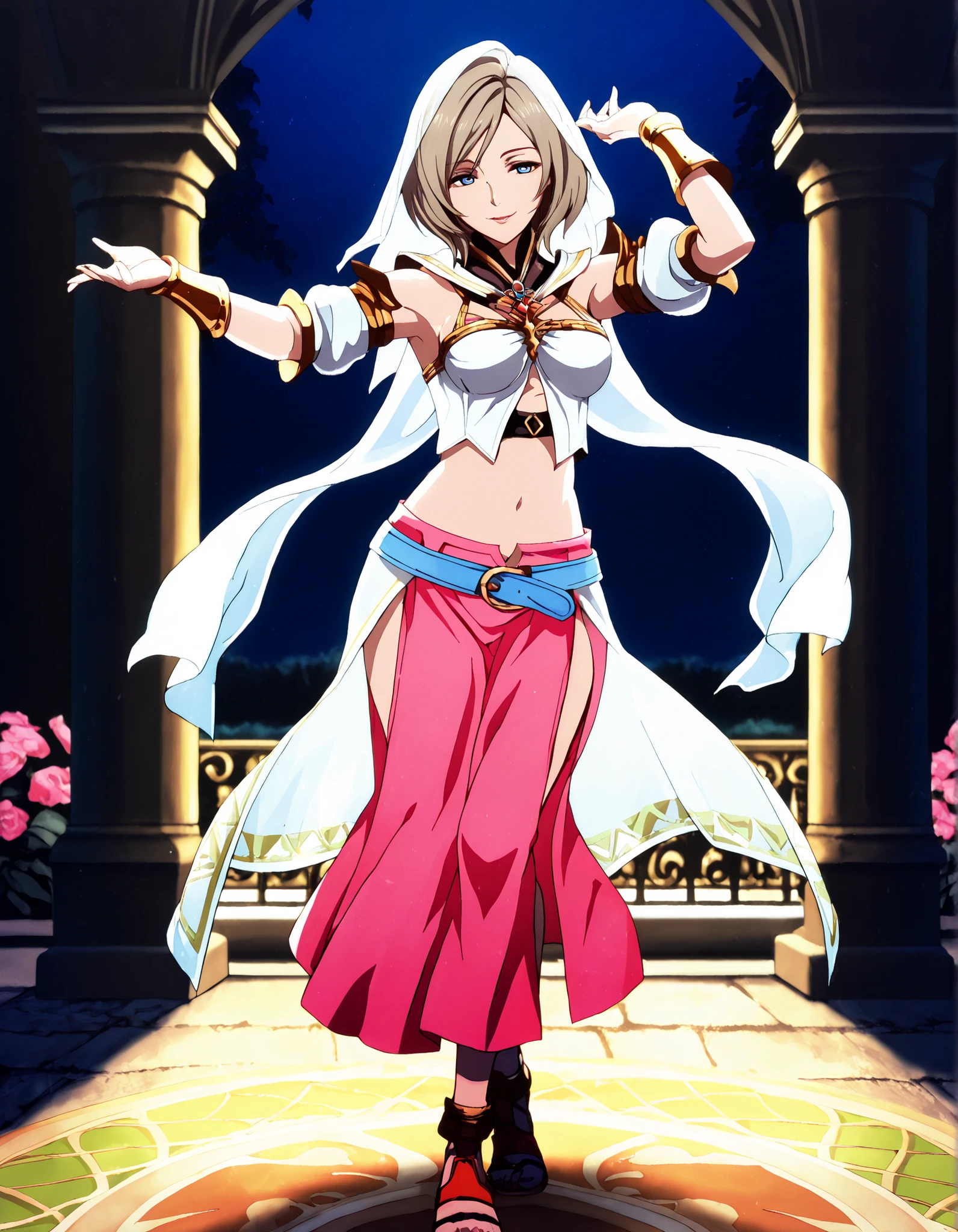 (1girl:1 . 5) , (Seul:1 . 5) , score_9 , score_8_haut , score_7_haut , source_anime , Official work , ultra-detailed , masterpiece , better quality , high resolution , beaux yeux , detailed eyes , Detailed face , beautiful detailed eyes,light brown hair, short hair, blue eyes,Final Fantasy,ashelia b'nargin dalmasca, dancer_fft,crop top,long skirt, belt,bracers, sandals, shawl,golden jewelery,armlet, belly dancing,night,arabian garden,seductive smile, dancing with veil, dynamic movement,dance posture, seductive pose