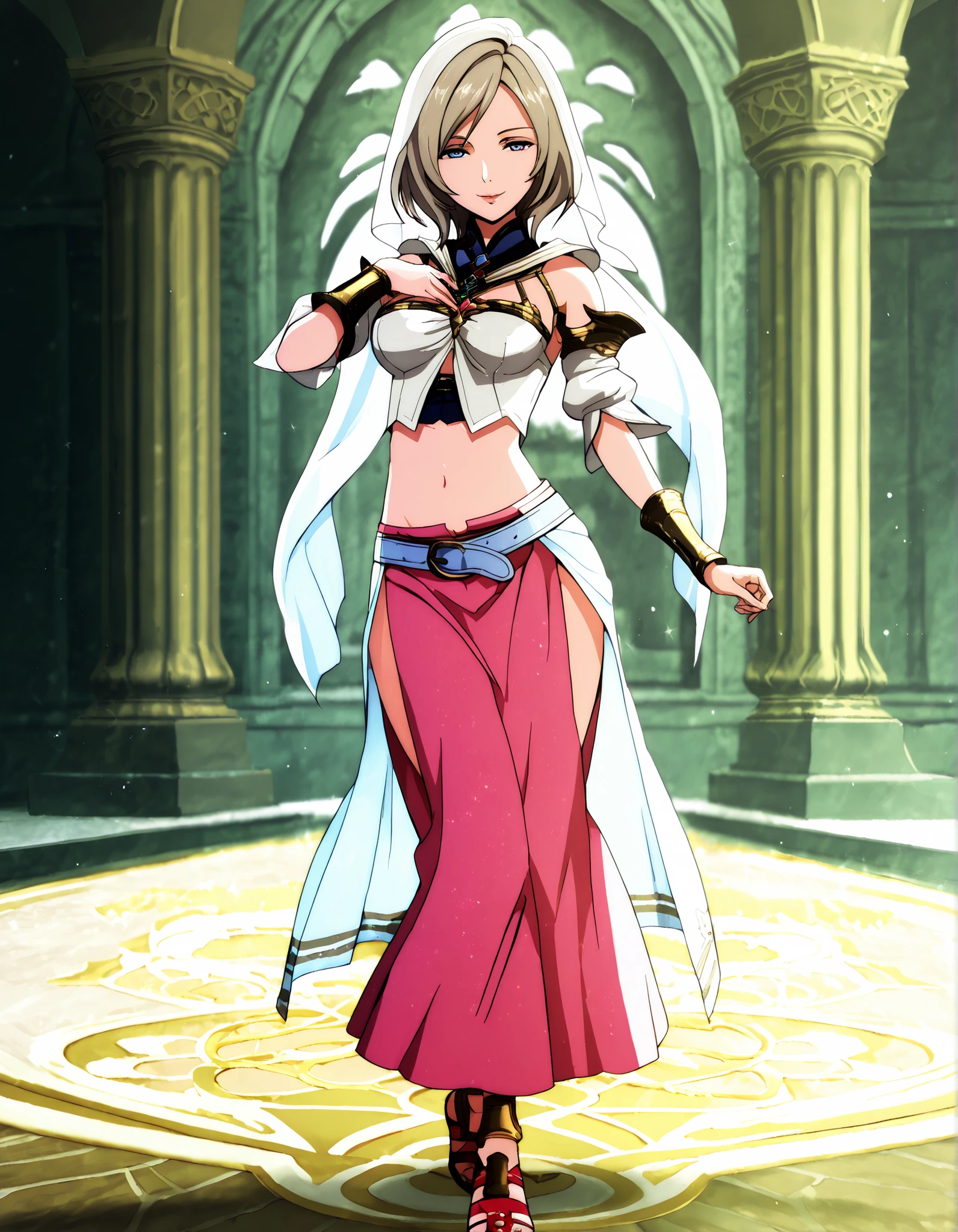 (1girl:1 . 5) , (Seul:1 . 5) , score_9 , score_8_haut , score_7_haut , source_anime , Official work , ultra-detailed , masterpiece , better quality , high resolution , beaux yeux , detailed eyes , Detailed face , beautiful detailed eyes,light brown hair, short hair, blue eyes,Final Fantasy,ashelia b'nargin dalmasca, dancer_fft,crop top,long skirt, belt,bracers, sandals, shawl,golden jewelery,armlet, belly dancing,arabian garden,seductive smile, dancing with veil, dynamic movement,dance posture, seductive pose